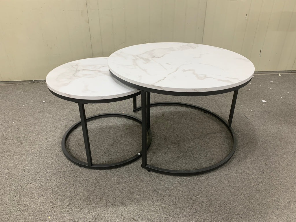 Nesting Coffee Table Set of 2, 27.6inch Round Wood Marble Pattern Top with Sturdy Metal Frame, White Living Room End Tables for Bedroom Balcony Yard - Grand Goldman Shop