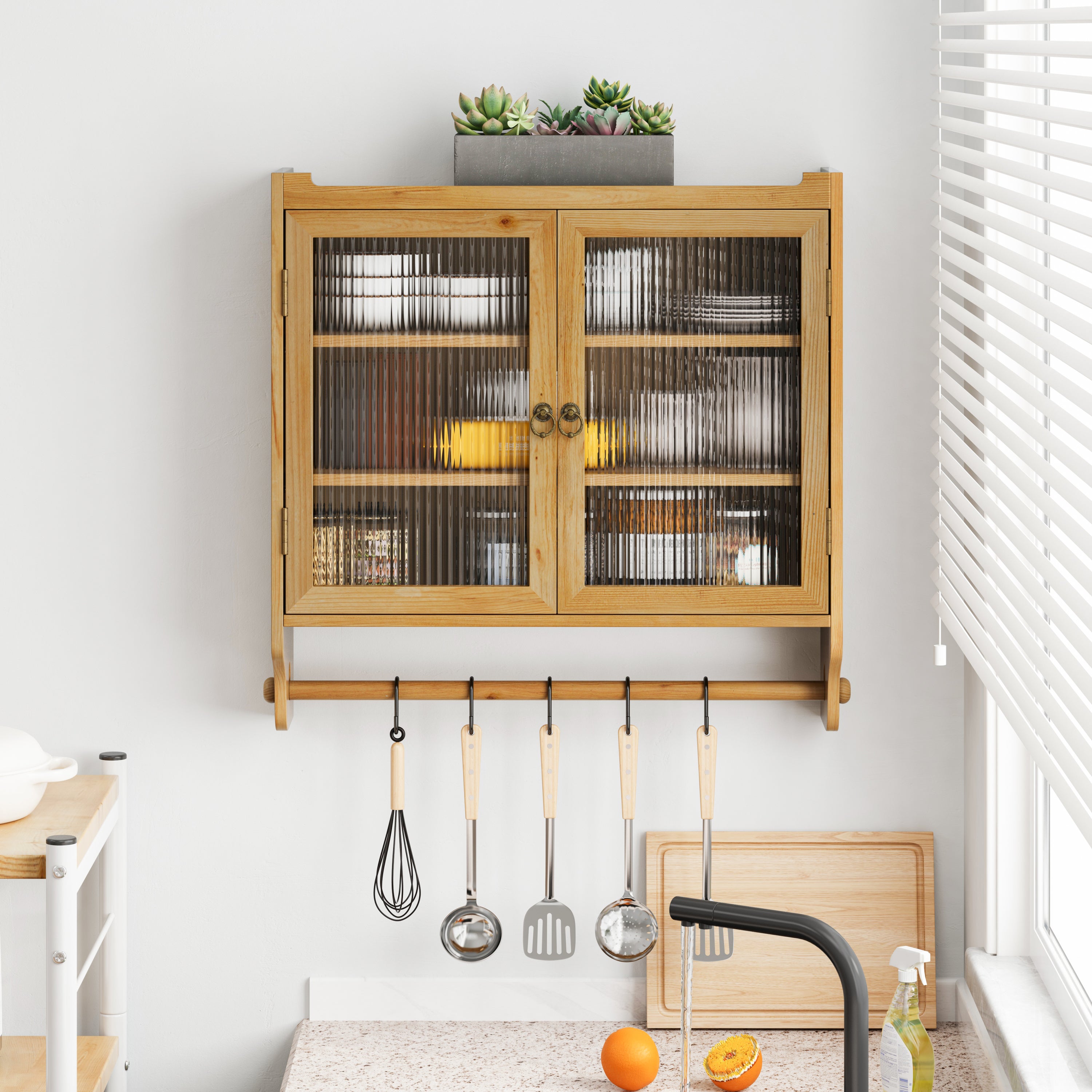 24.8''Glass Door Vintage Double Door Wall Cabinet With Three Tiers of Storage With Towel Rack,for Bathroom, Kitchen,,Dining Room,Natural - Grand Goldman Shop