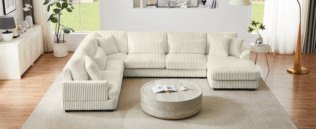 Modern Oversized U-shaped Sectional Sofa with Chaise Lounge in Beige Corduroy, 129' - Grand Goldman Shop