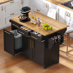K&K 59.3' Kitchen Island with Storage 2 Pull Out Cabinet Organizers & Rubber Wood Drop Leaf, Rolling Kitchen Island with Trash Can Storage, Power Outlet, Spice & Towel Rack for Kitchen, Dining, Black - Grand Goldman Shop