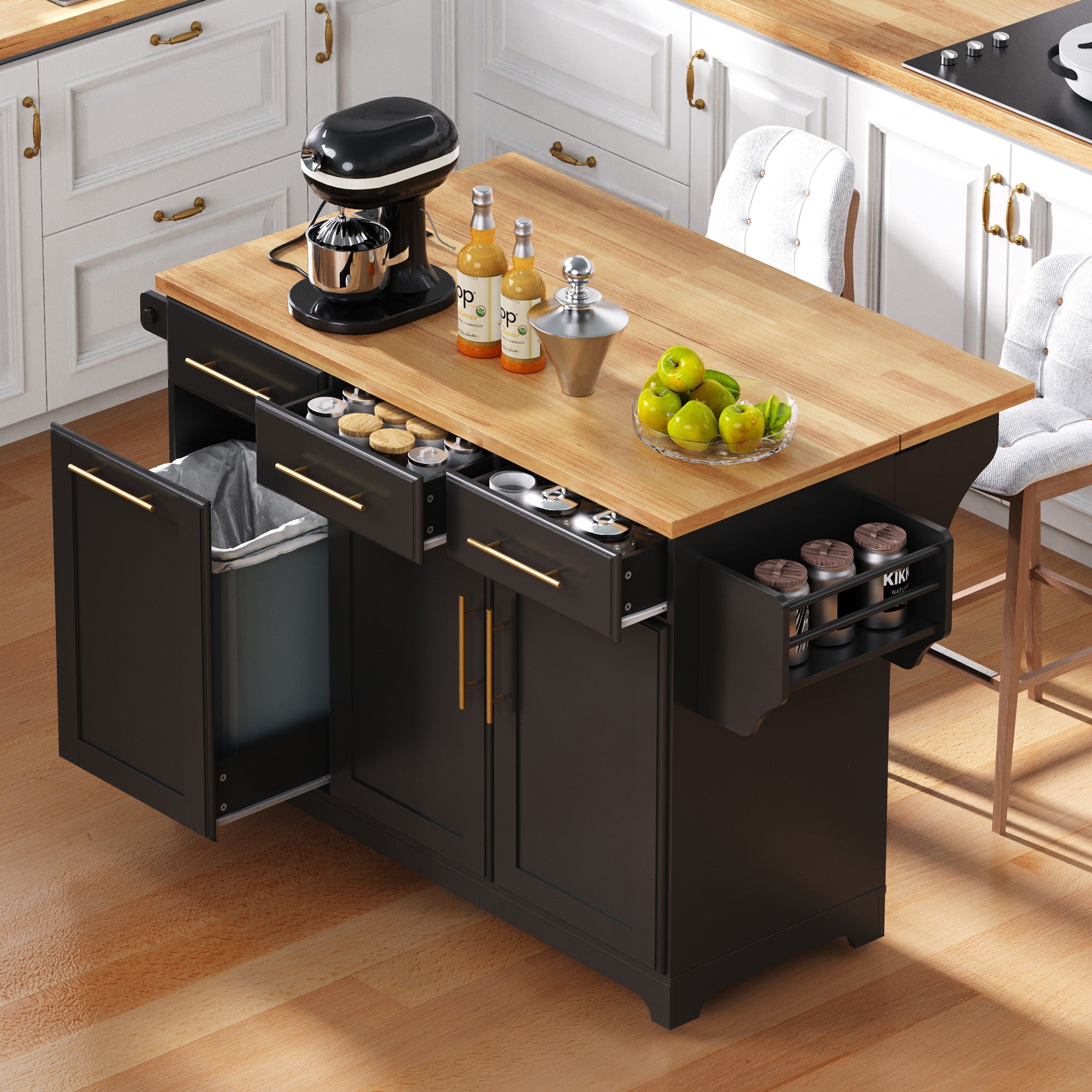 K&K 59.3' Kitchen Island with Storage 2 Pull Out Cabinet Organizers & Rubber Wood Drop Leaf, Rolling Kitchen Island with Trash Can Storage, Power Outlet, Spice & Towel Rack for Kitchen, Dining, Black - Grand Goldman Shop