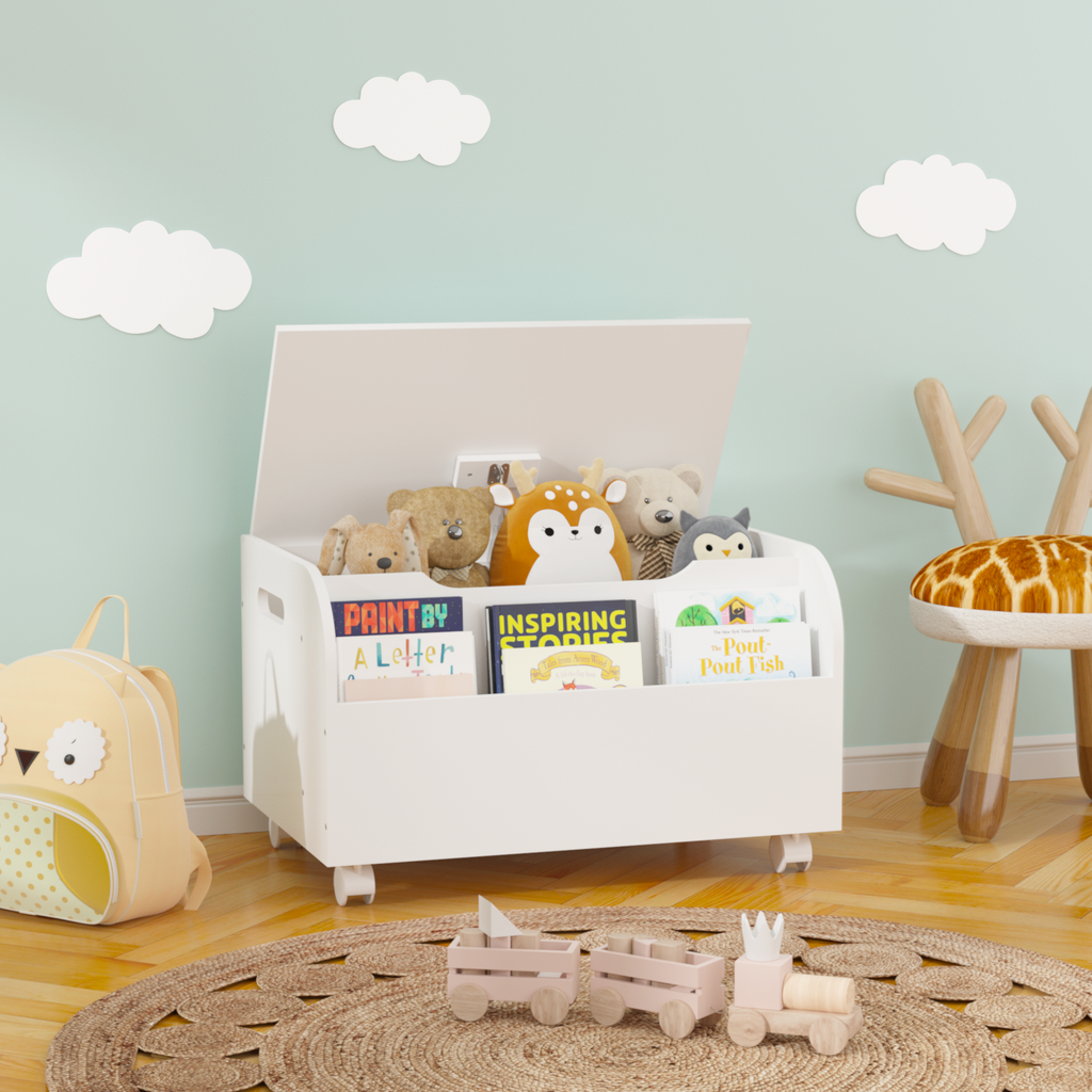 White Wooden Toy Box with 4 Universal Wheels, Kids Playroom Storage Organizer with Front Bookshelf, Flip-Top Lid, Safety Hing
