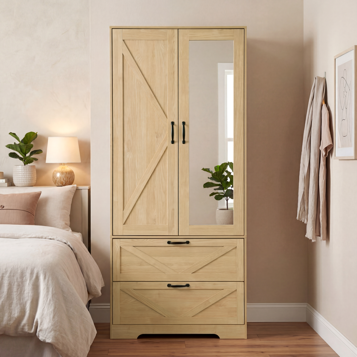 2 Door Wood Wardrobe for Bedroom with Hanging Clothing Rod inside the Cabinet and 2 Drawers for Storage Organization, Built-in induction light Multifunctional Closet with Mirror, Natural - Grand Goldman Shop