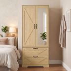 2 Door Wood Wardrobe for Bedroom with Hanging Clothing Rod inside the Cabinet and 2 Drawers for Storage Organization, Built-in induction light Multifunctional Closet with Mirror, Natural - Grand Goldman Shop