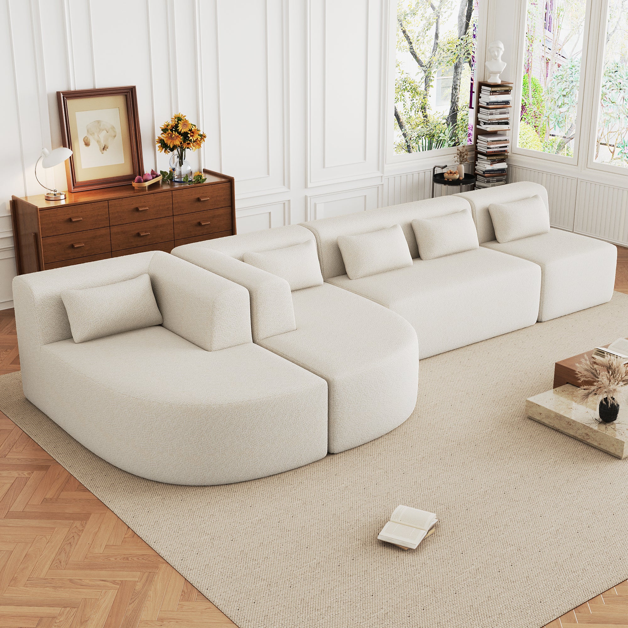 Modern Upholstered L-Shape Sofa with Chaise Lounge and Back Pillows, Beige Boucle Fabric, 144 inches - Grand Goldman Shop