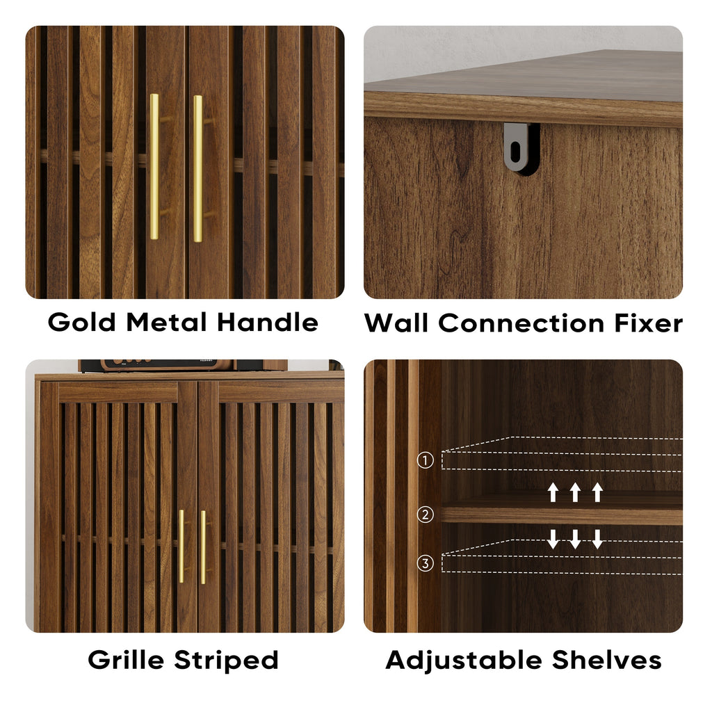 Farmhouse Walnut Sideboard Buffet Cabinet With Louvered Doors, Wood Coffee Bar Storage For Kitchen & Living Room, 31.5' W - Grand Goldman Shop