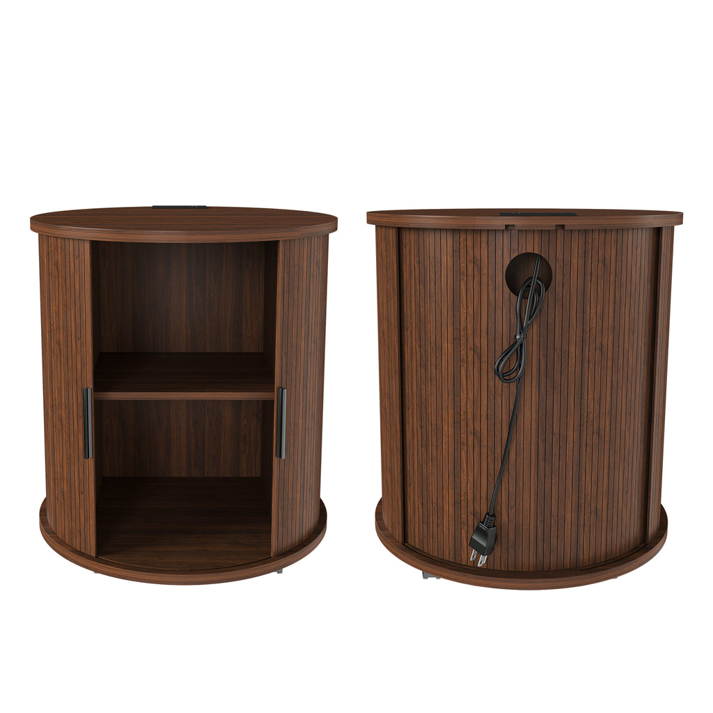 Mid Century Modern Cylinder End Table with Built-in Charging Station & Sliding Door, 2-Tier Storage Round Nightstand with USB Ports, Walnut Bedside Table for Living Room, Bedroom, Entryway - Grand Goldman Shop