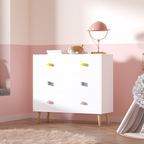 Kids 3 Drawer Dresser, White Nursery Storage Cabinet with Anti-Tip Safety Feature, Solid Wood and MDF Construction, Compact D