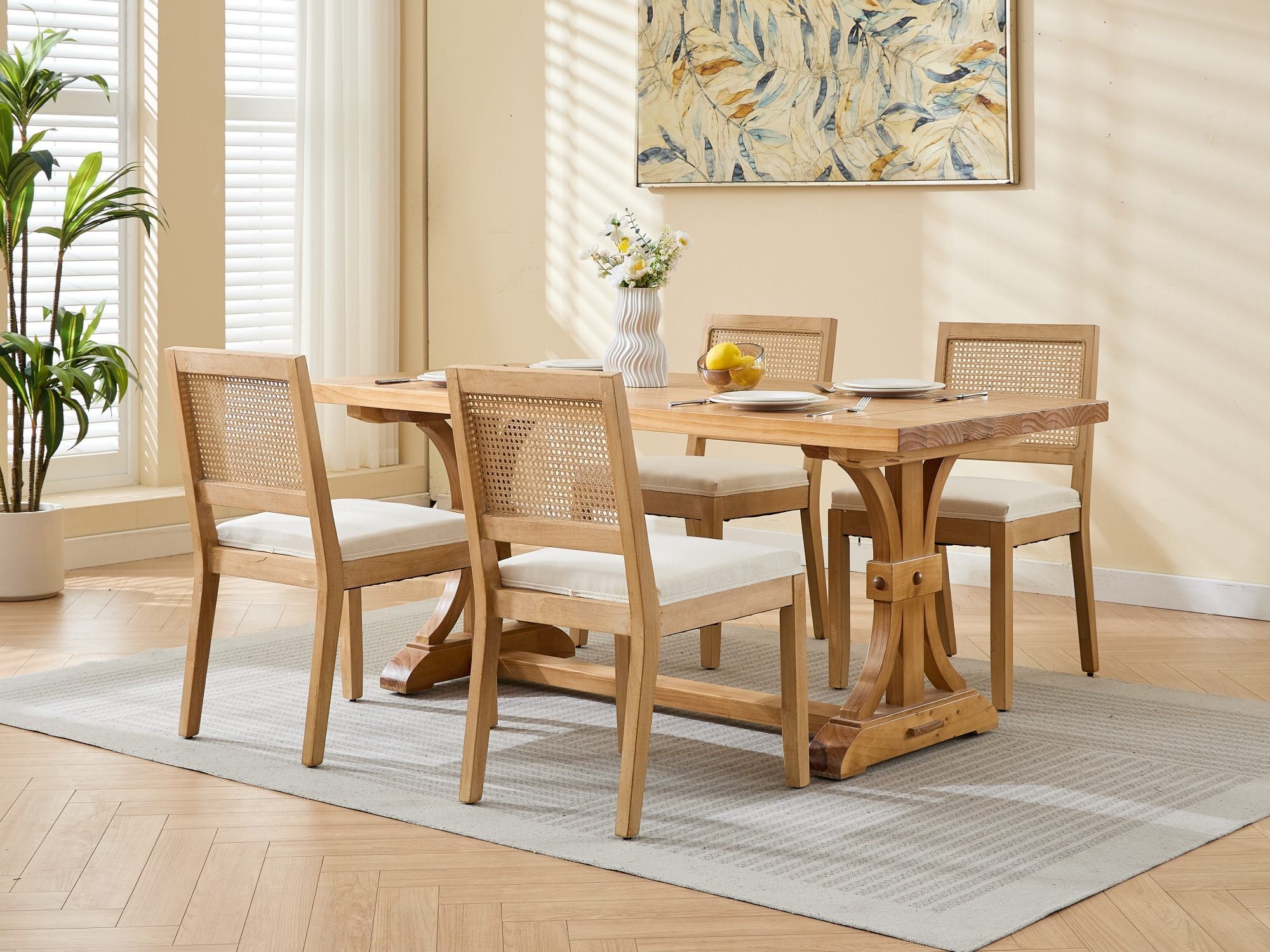 Farmhouse Rattan Dining Chairs Set of 2, Mid Century Modern Kitchen & Dining Room Chairs, Cane Upholstered Kitchen Side Chair with Natural Hardwood Frame, Beige - Grand Goldman Shop