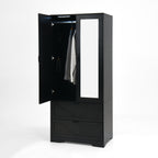 2 Door Wood Wardrobe for Bedroom with Hanging Clothing Rod inside the Cabinet and 2 Drawers for Storage Organization, Built-in induction light Multifunctional Closet with Mirror, Black - Grand Goldman Shop