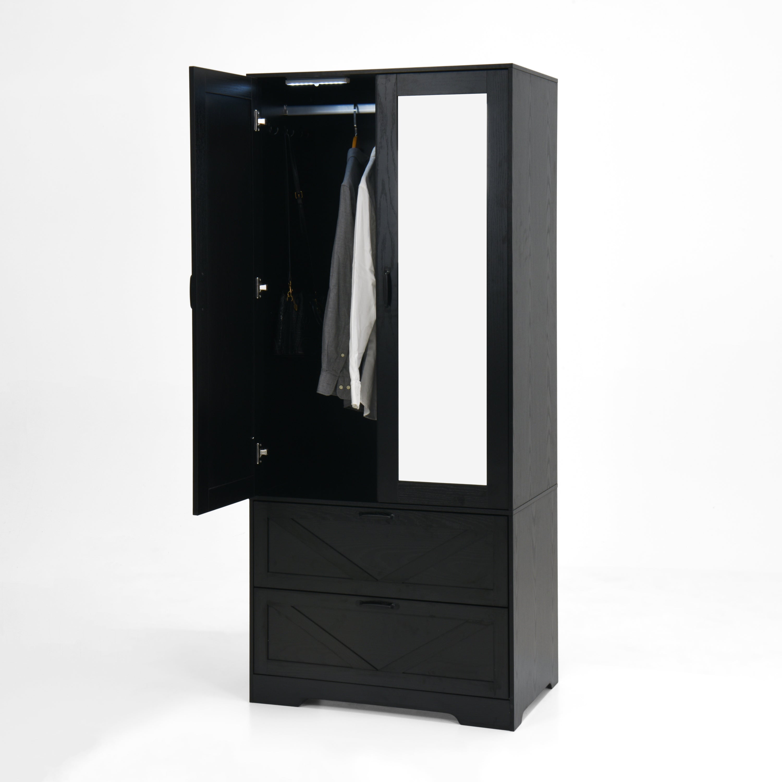 2 Door Wood Wardrobe for Bedroom with Hanging Clothing Rod inside the Cabinet and 2 Drawers for Storage Organization, Built-in induction light Multifunctional Closet with Mirror, Black - Grand Goldman Shop