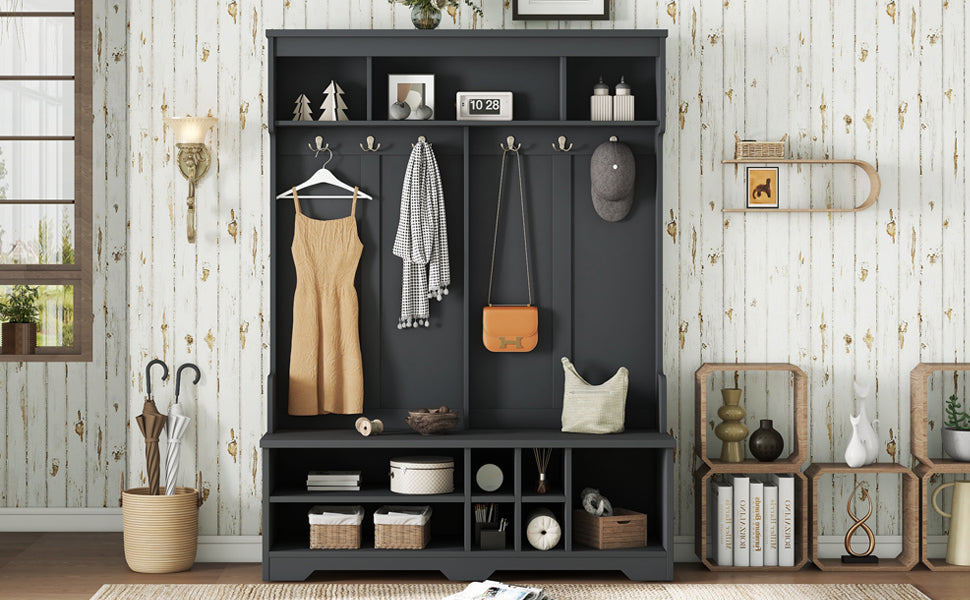 Modern Hallway Hall Tree with Metal Hooks and Storage Space, Multi-Functional Entryway Coat Rack with Shoe Cubbies, Black - Grand Goldman Shop