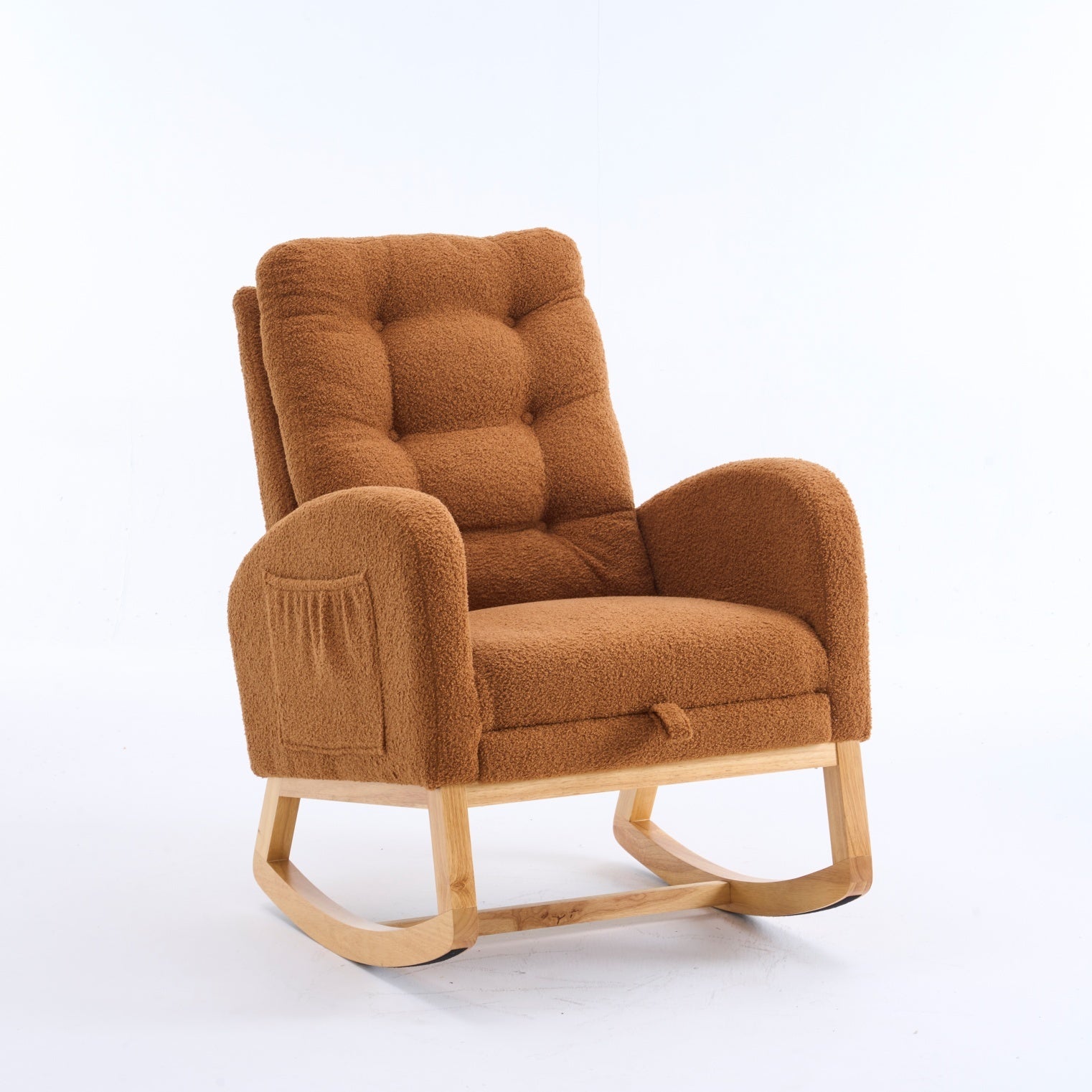 LY-5104 Caramel Accent Rocking  Chair with  Footrest High Back Rubber Wood Rocking Legs Bedroom Living Space   26.77D X 38.36W X 39.76H Inch - Grand Goldman Shop