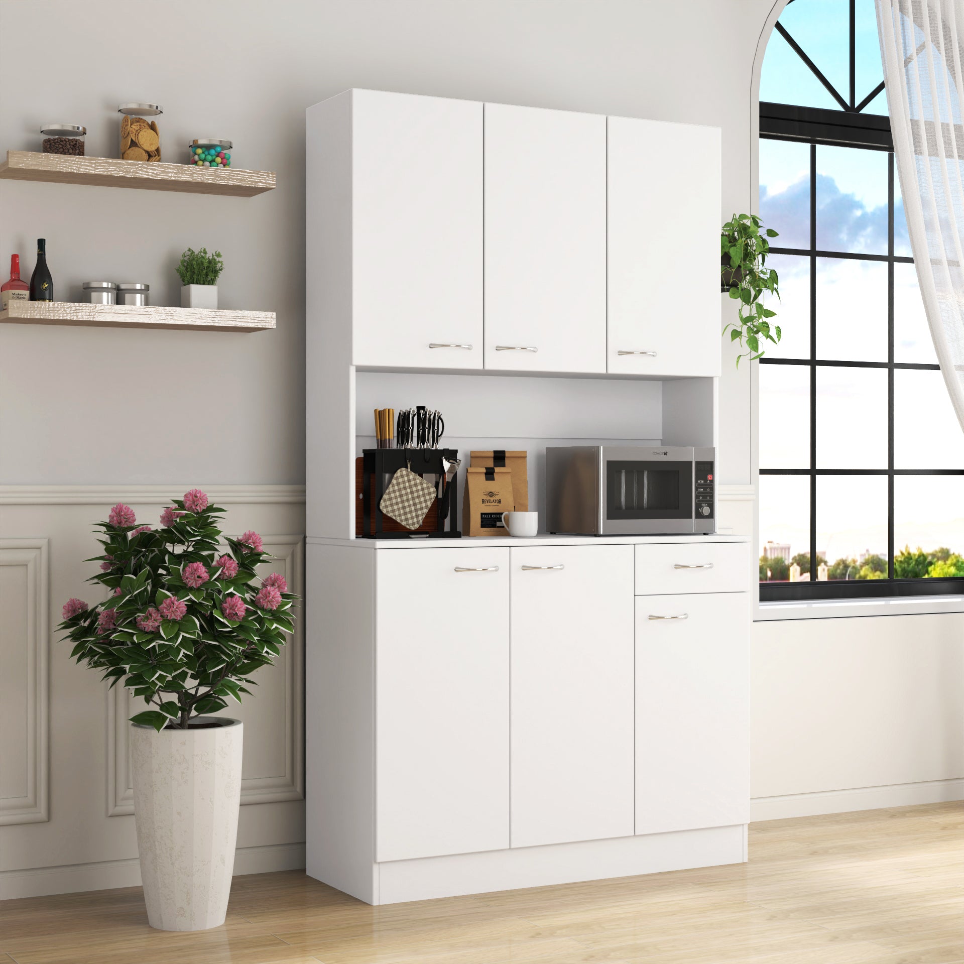 70.87' Tall Wardrobe& Kitchen Cabinet, with 6-Doors, 1-Open Shelves and 1-Drawer for bedroom,White - Grand Goldman Shop