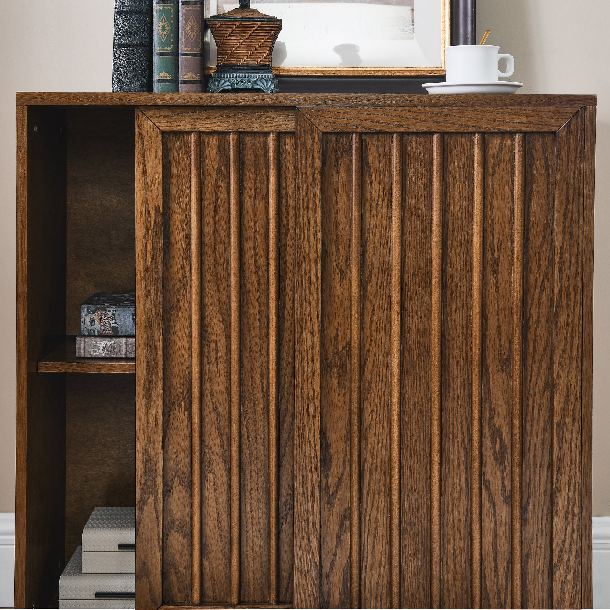 Mid Century Sideboard with 2 Sliding Door & Solid Wood Decorative Strips, Storage Cabinet for Living Room, Kitchen, Dining, Entryway, Hallway - Grand Goldman Shop