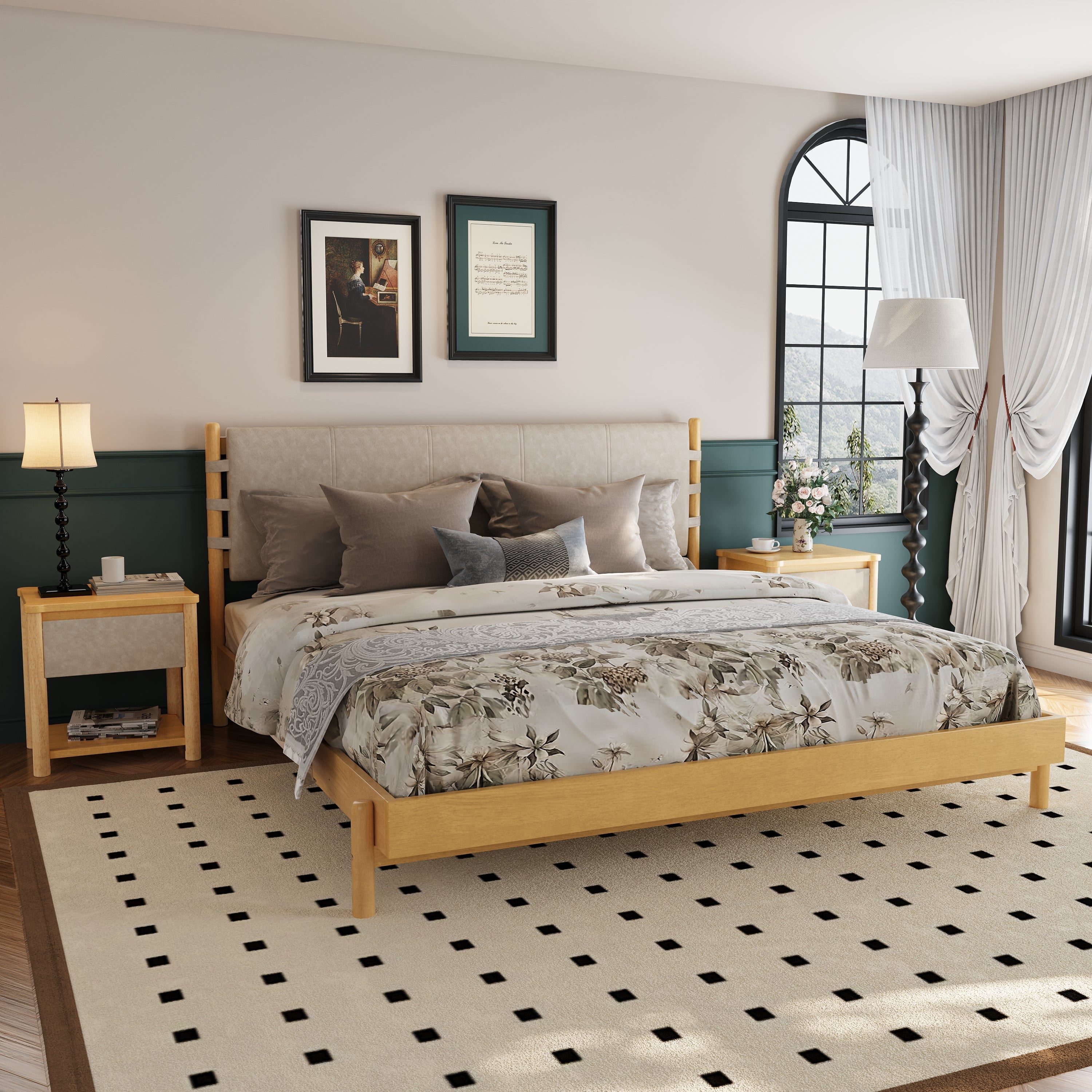 Modern King Bed Frame Set with 2 Nightstands, Beige Wood Platform Bed with Headboard and Matching Bedside Tables for Bedroom - Grand Goldman Shop