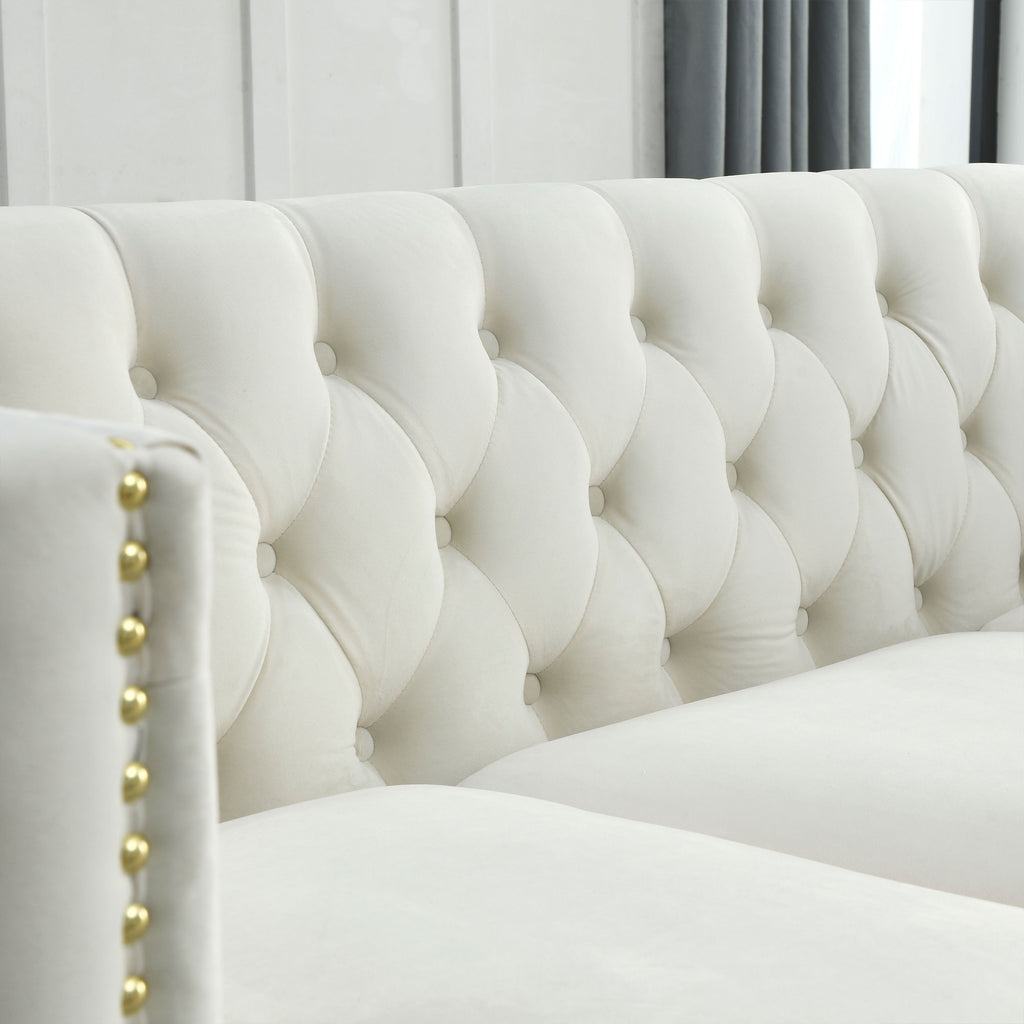 Modern Velvet Sofa with Button Tufting and Metal Legs, Beige Upholstered Couch for Living Room or Bedroom, 3-Seater, W834S00023 - Grand Goldman Shop