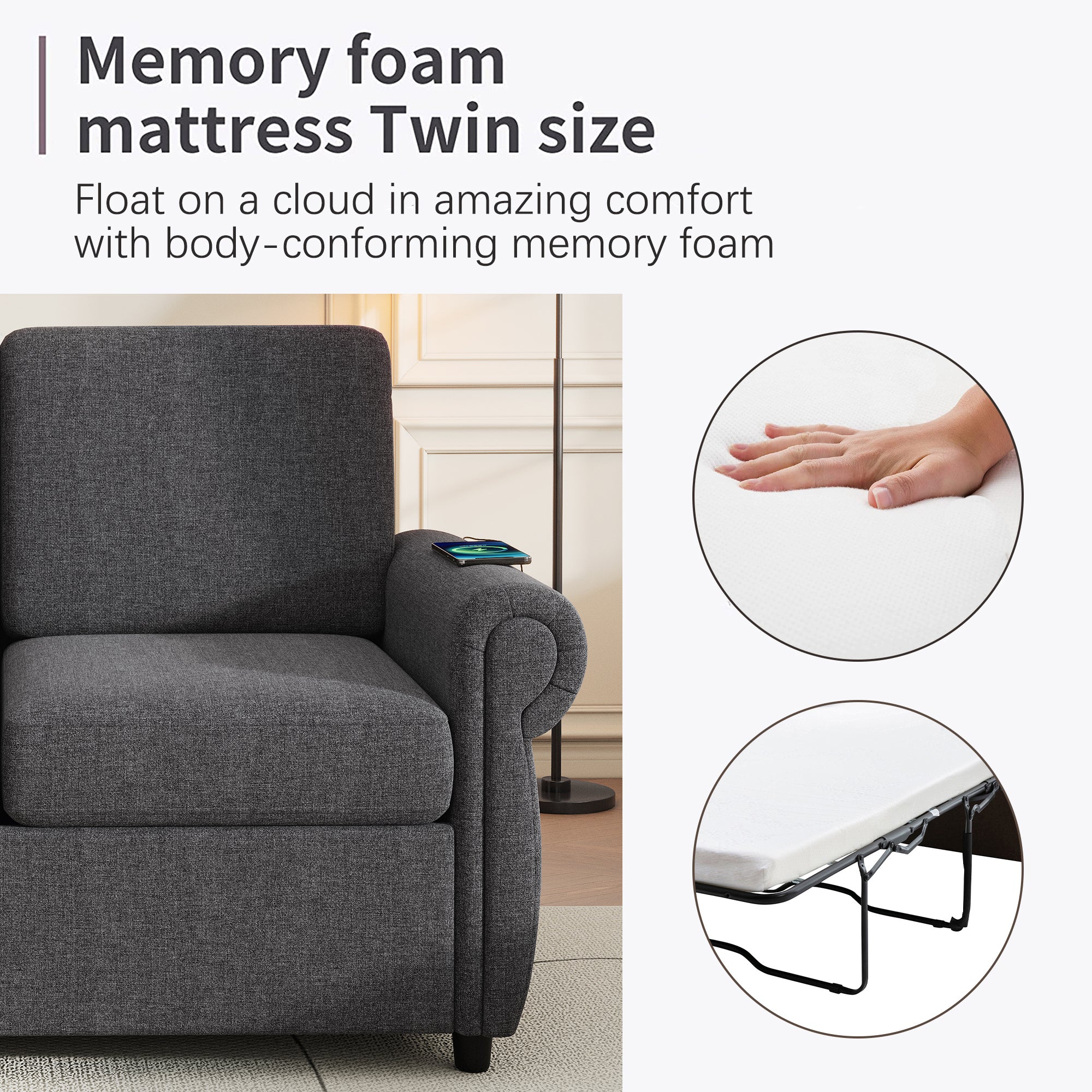 Orisfur Pull Out Sofa Bed Loveseat Sleeper with Twin Size Memory Mattress and USB Ports, Grey Linen, 57.9' - Grand Goldman Shop