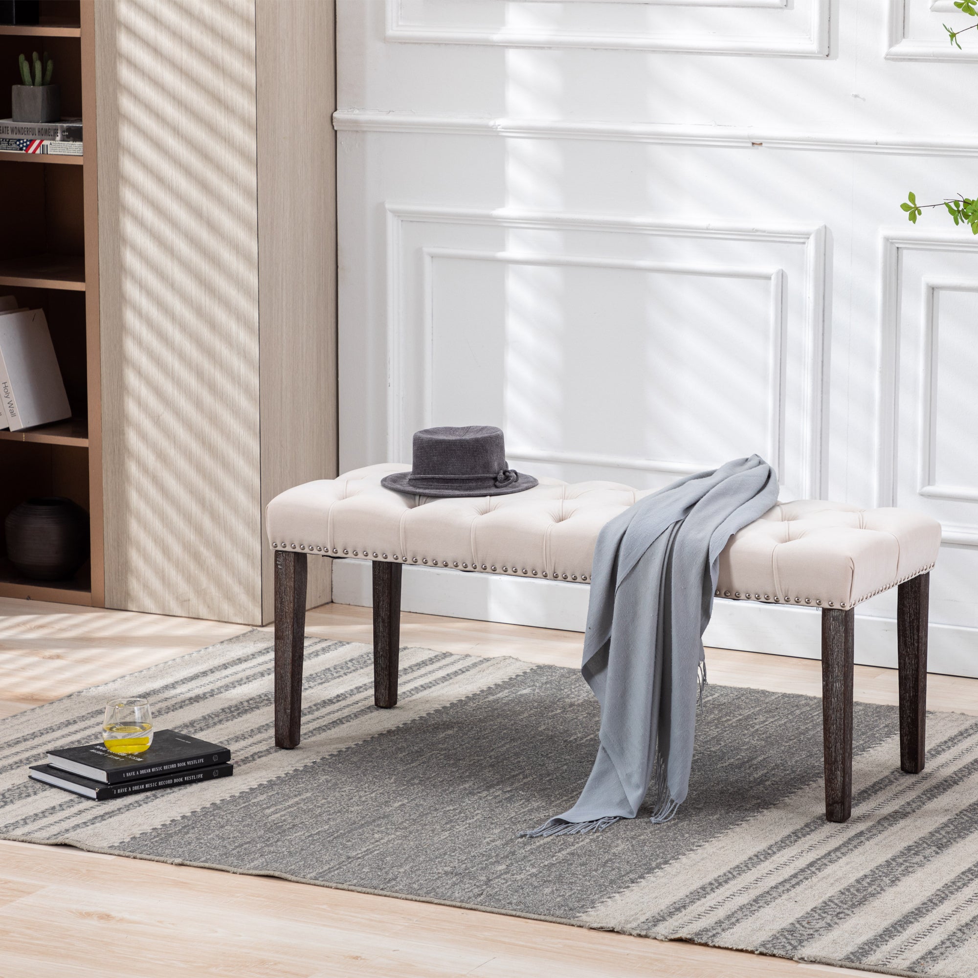 Heng Ming Upholstered Tufted Bench Ottoman , Velvet Dining Bench Bedroom Bench  Footrest Stool Accent Bench for Entryway Dining Room Living Room, Beige - Grand Goldman Shop