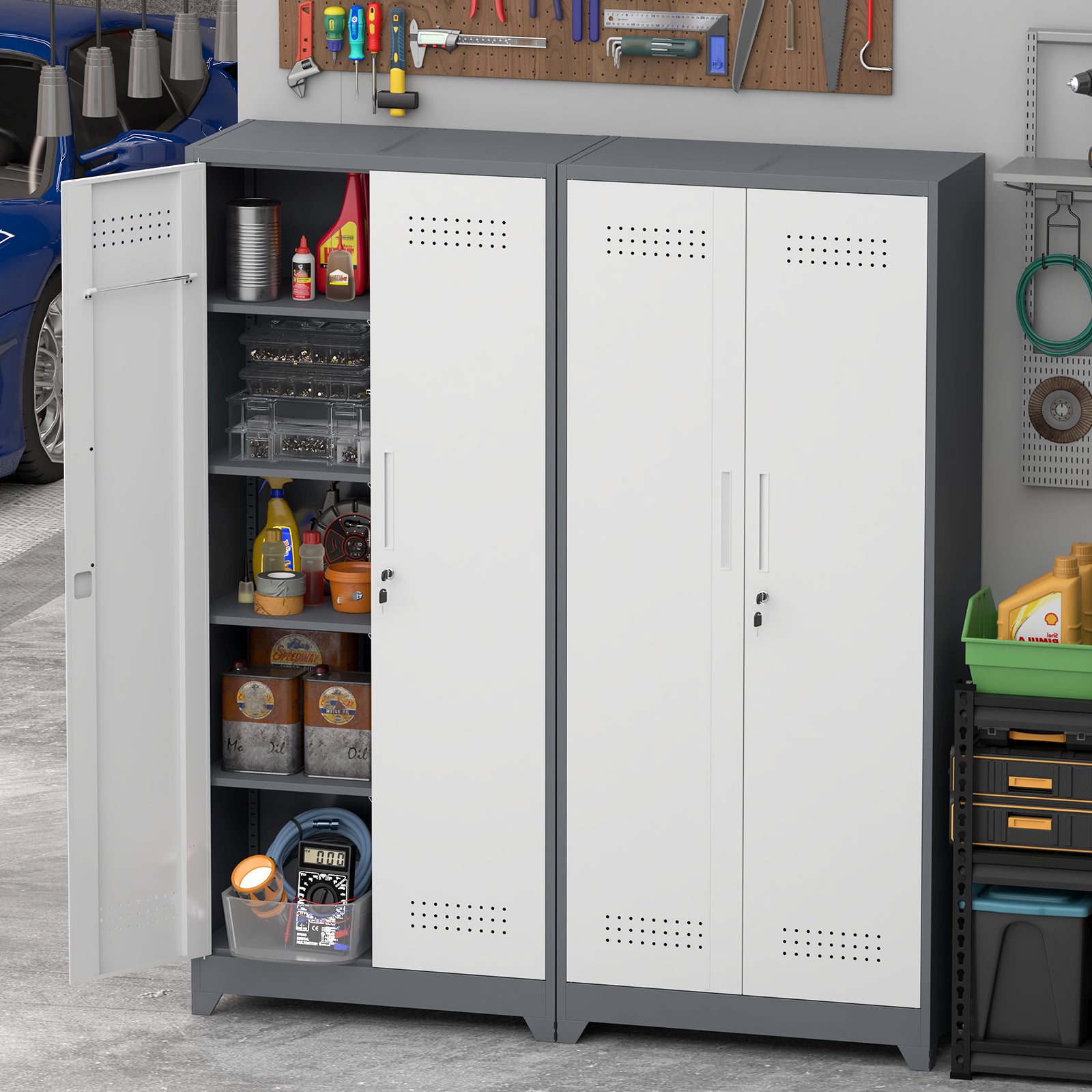 Gray Metal Lockers with Locking Doors, Adjustable Shelves, High Broom Tool Storage Cabinet, 72-Inch Kitchen, Office, Shop Org
