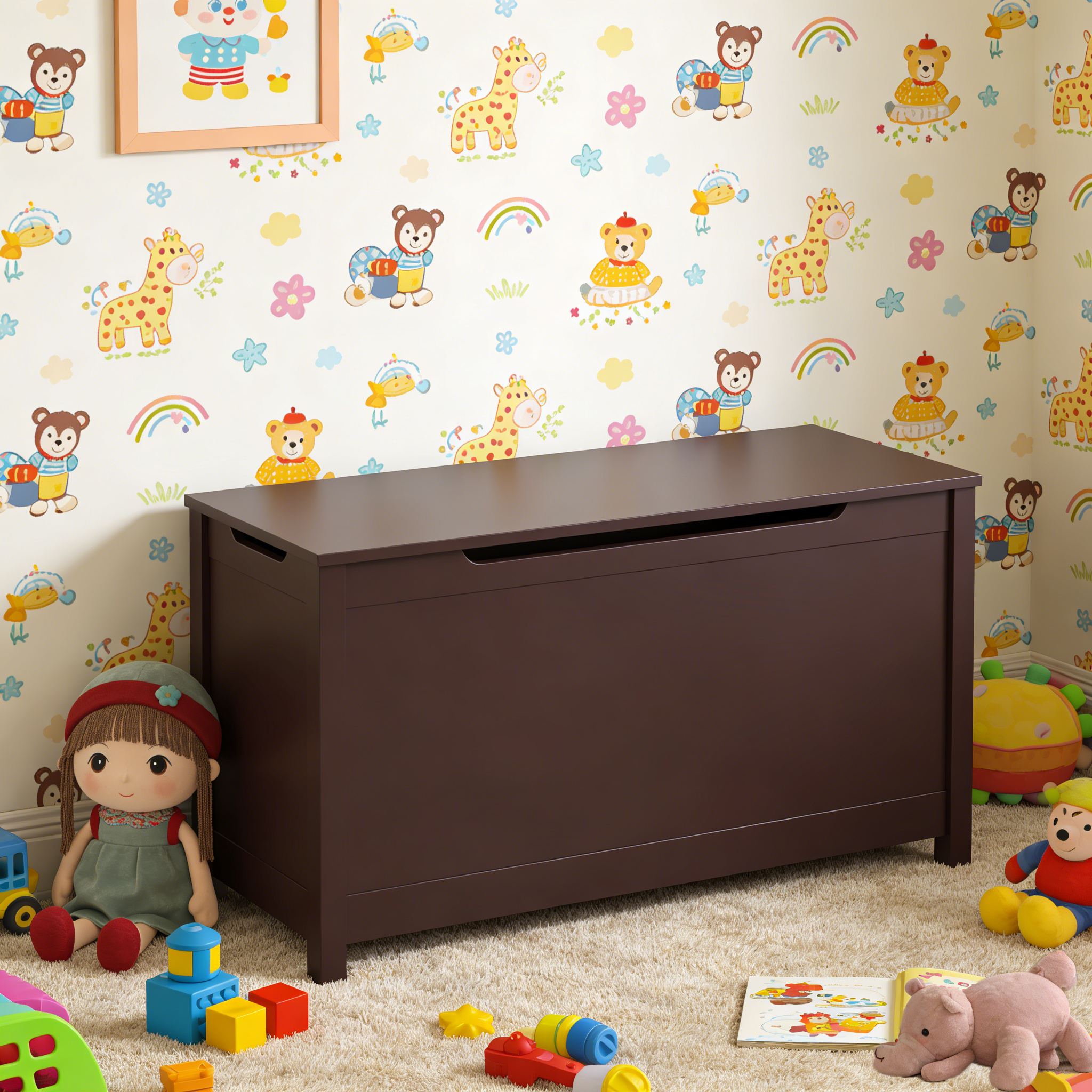 Kids Wooden Toy Box Storage with Safety Hinged Lid for Ages 2+ (Coffee) | Premium Home Decor - Grand Goldman
