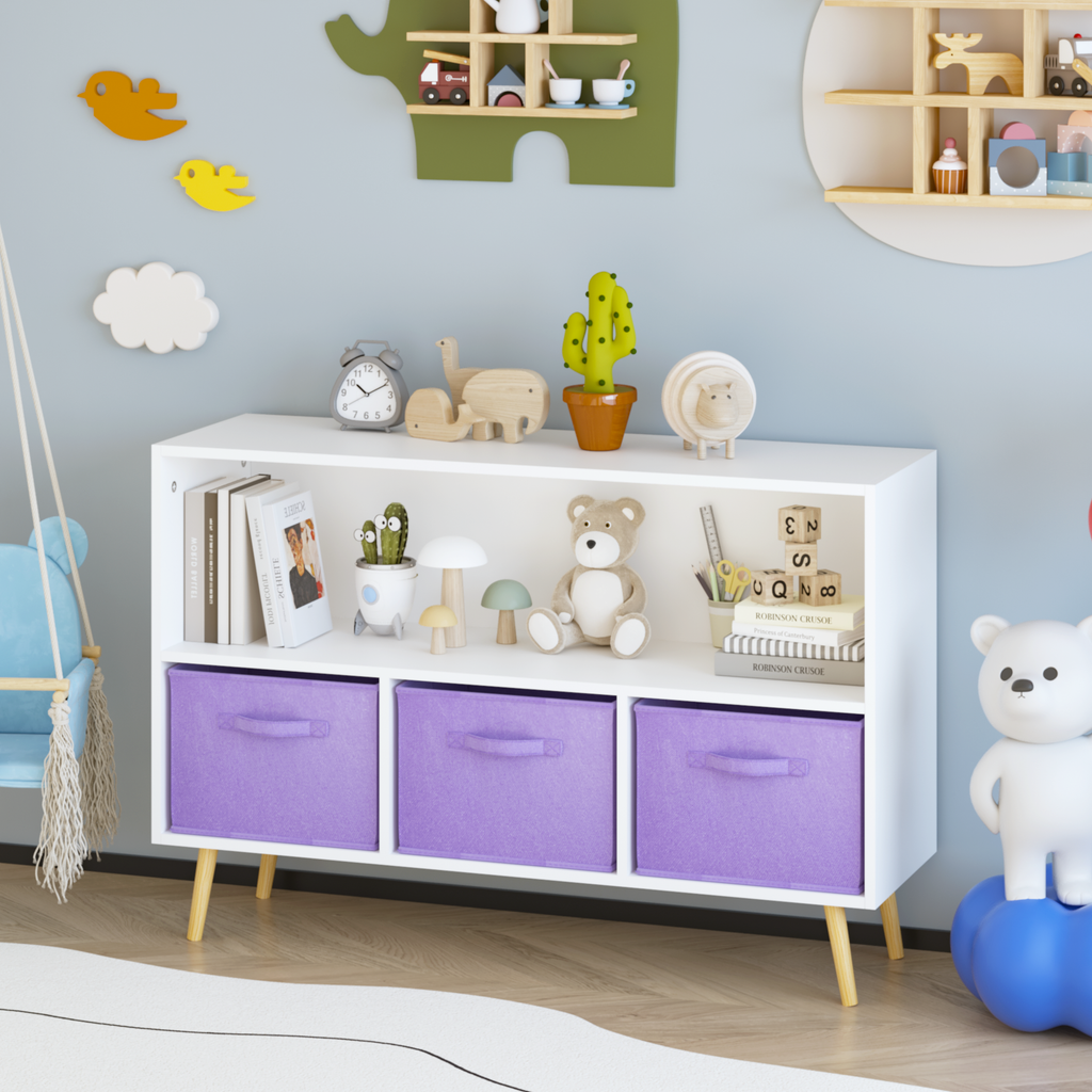 Kids Bookcase with Collapsible Fabric Drawers, Children's Book Display Organizer in White and Purple, MDF with Pine Legs | Pr