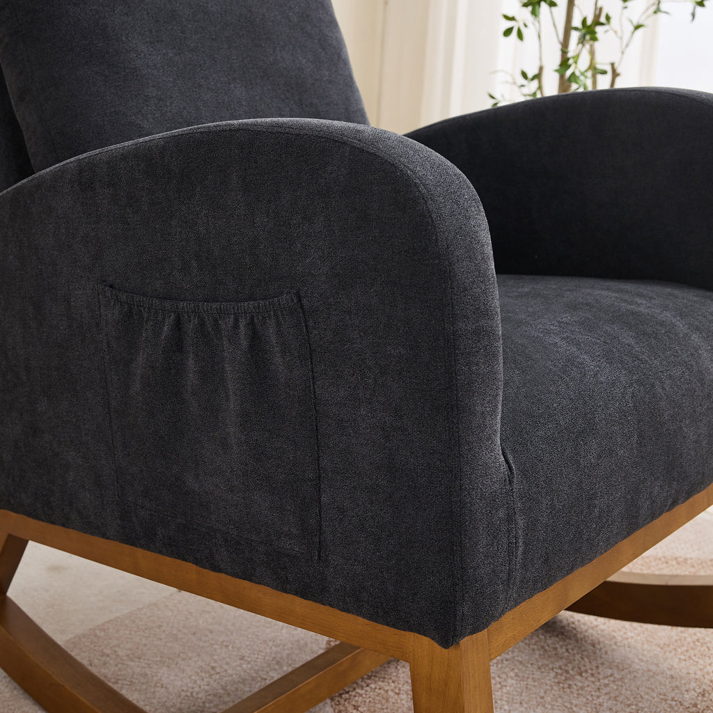 27.2'W Rocking Chair for Nursery, Polyester Glider Chair with High Back and Side Pocket, Rocking Accent Armchair with Rubber Wood Legs for Living Room/Bedroom.Black - Grand Goldman Shop