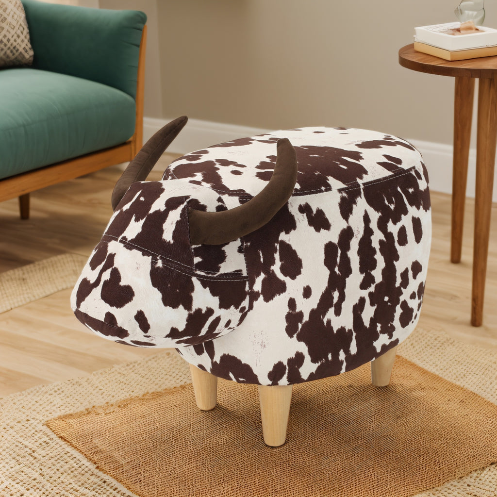 Cow-Shaped Modern Ottoman Footstool in Brown and White Fabric with Velvet Horns, Birch Legs, 25.25 x 14.00 x 16.75 inches - Grand Goldman Shop