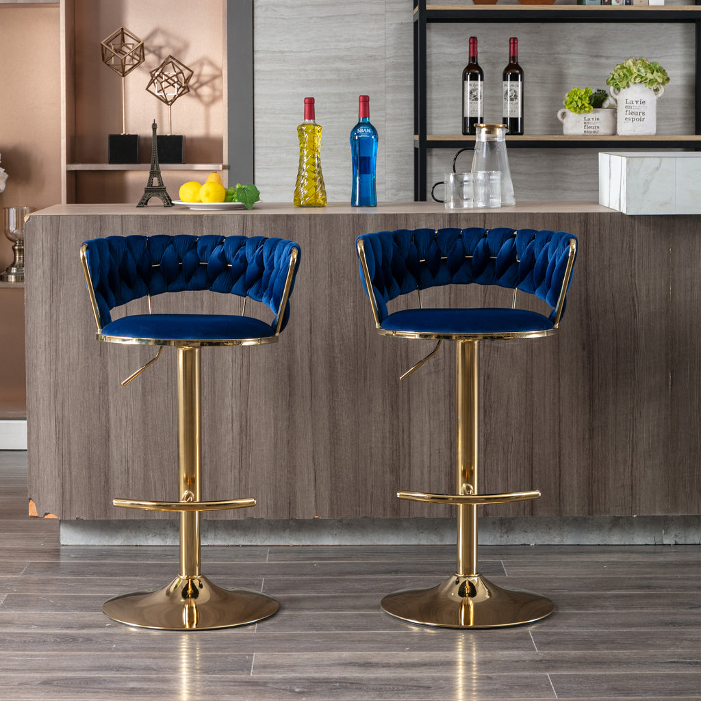 Set of 2  Bar Stools,with Chrome Footrest and Base Swivel Height Adjustable Mechanical Lifting Velvet + Golden Leg Simple Bar Stool-BLUE - Grand Goldman Shop