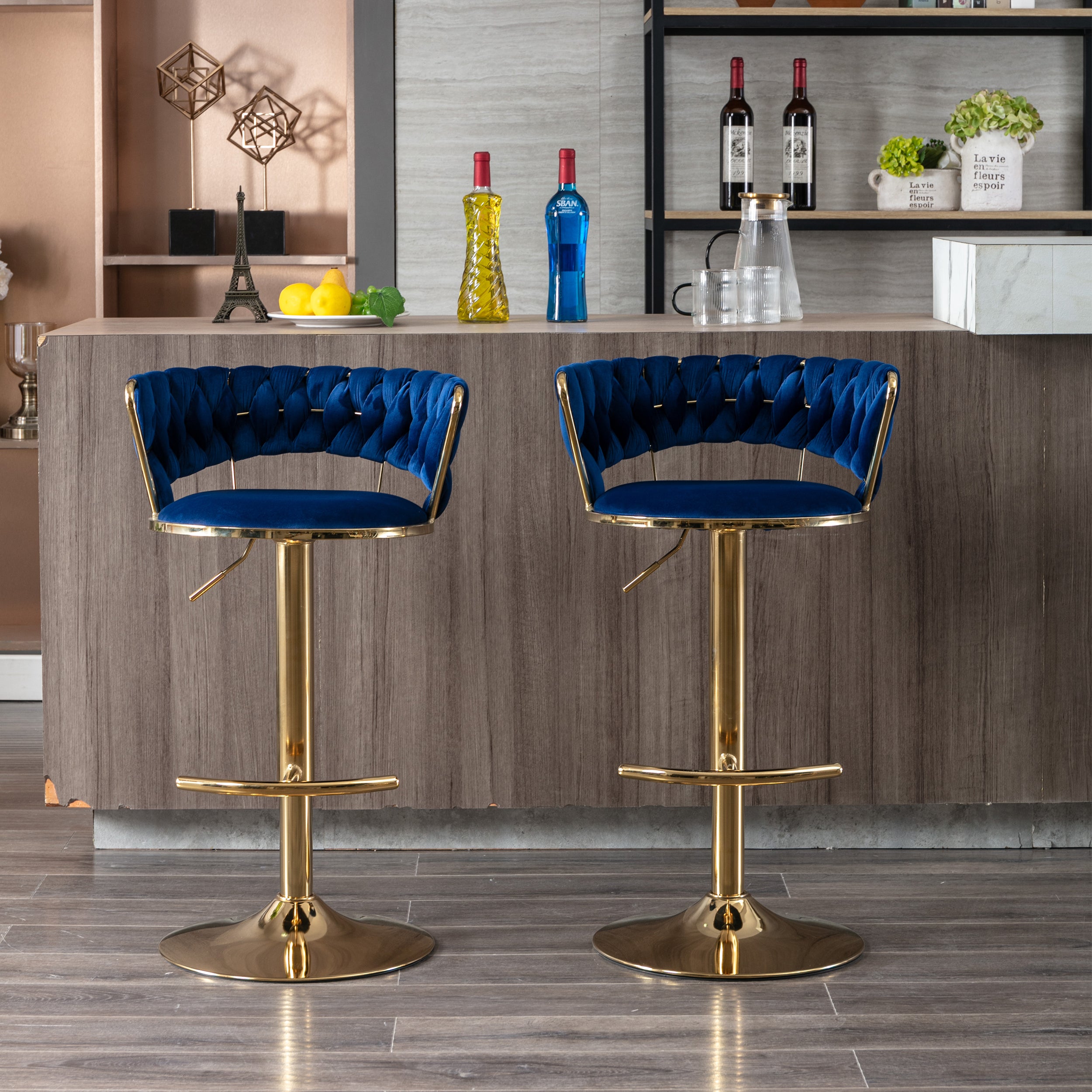 Set of 2  Bar Stools,with Chrome Footrest and Base Swivel Height Adjustable Mechanical Lifting Velvet + Golden Leg Simple Bar Stool-BLUE - Grand Goldman Shop