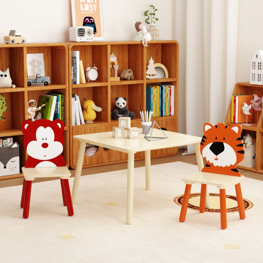 Kids Table and 2 Chairs Set, Wooden Activity Play Table Set with Bear & Tiger Design in White & Orange, Solid Wood and MDF Co