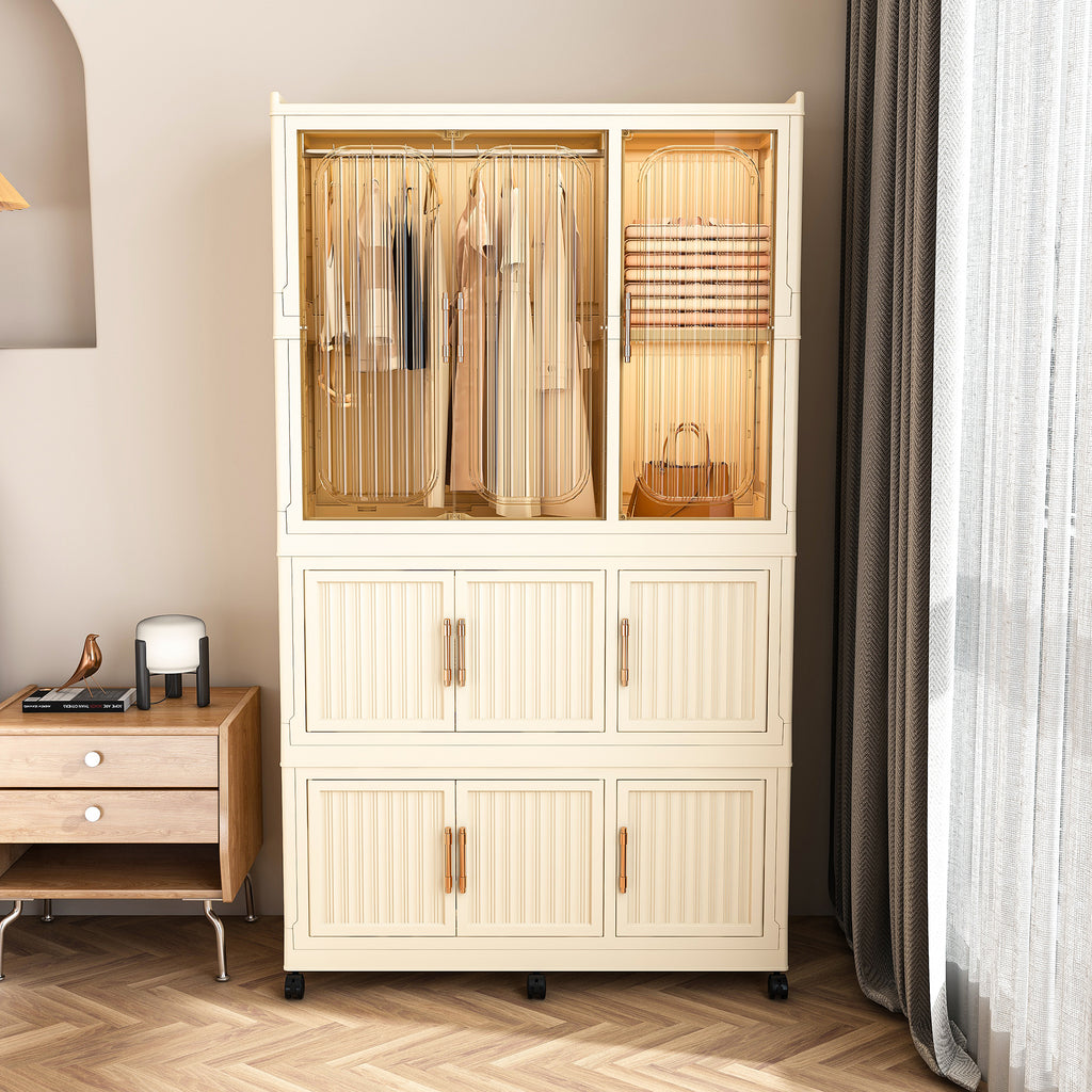 Portable Wardrobe Closet Storage Organizer with 9 Magnetic Doors, Cream White, - Grand Goldman Shop