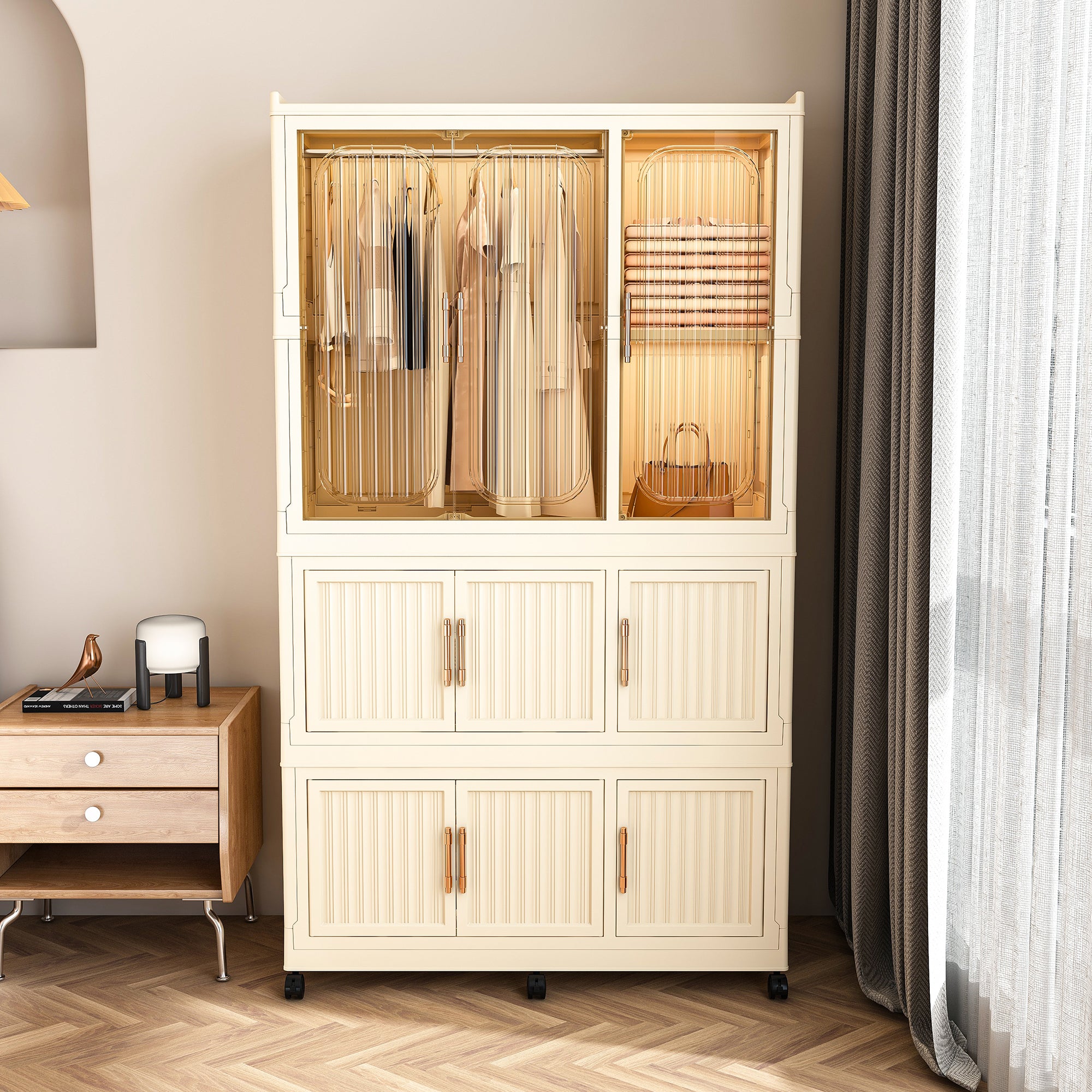 Portable Wardrobe Closet Storage Organizer with 9 Magnetic Doors, Cream White, - Grand Goldman Shop