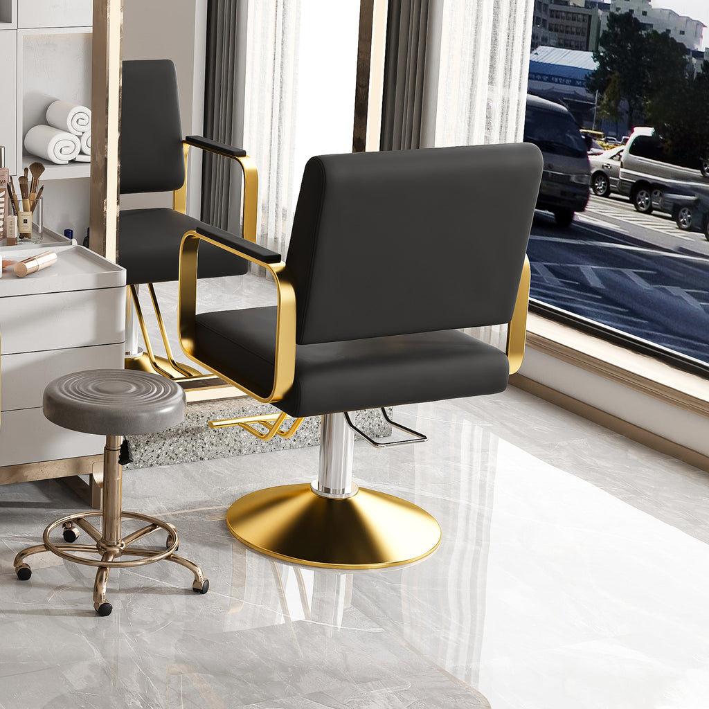 Hydraulic Salon Chair - 360° Swivel Barber Stylist Chair with Pump, Non-Tilting Design in Black and Gold PU Leather - Grand Goldman Shop
