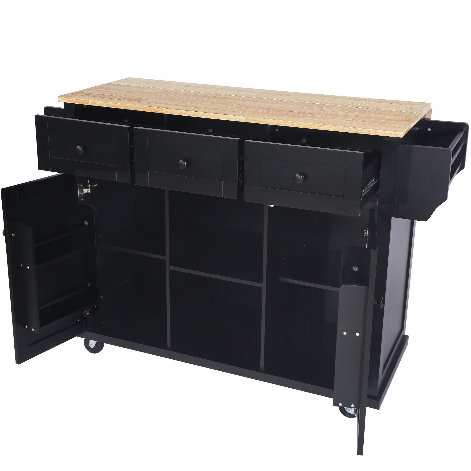 Kitchen Cart with Rubber wood Drop-Leaf Countertop ,Cabinet door internal storage racks,Kitchen Island on 5 Wheels with Storage Cabinet and 3 Drawers for Dinning Room, Black - Grand Goldman Shop