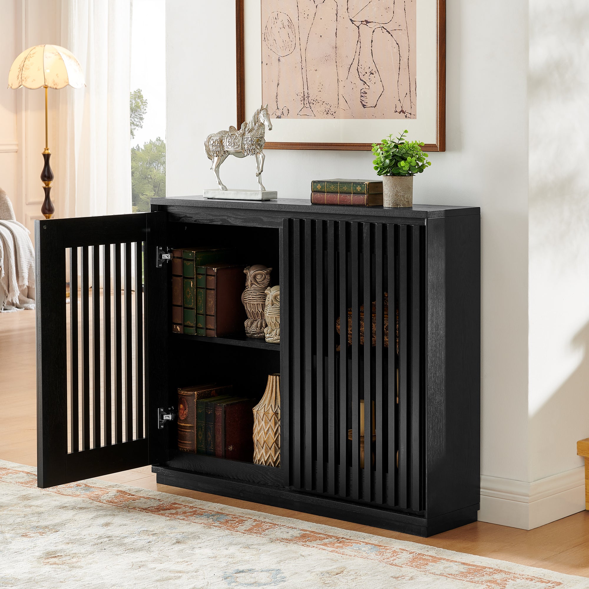 Mid Century Modern Fluted Hollowed Out Sideboard Cabinet with 2 Outlet Holes, Buffet Cabinet with Storage, Black Storage Cabinet for Living Room, Entryway, Hallway, Dining Room, Kitchen - Grand Goldman Shop