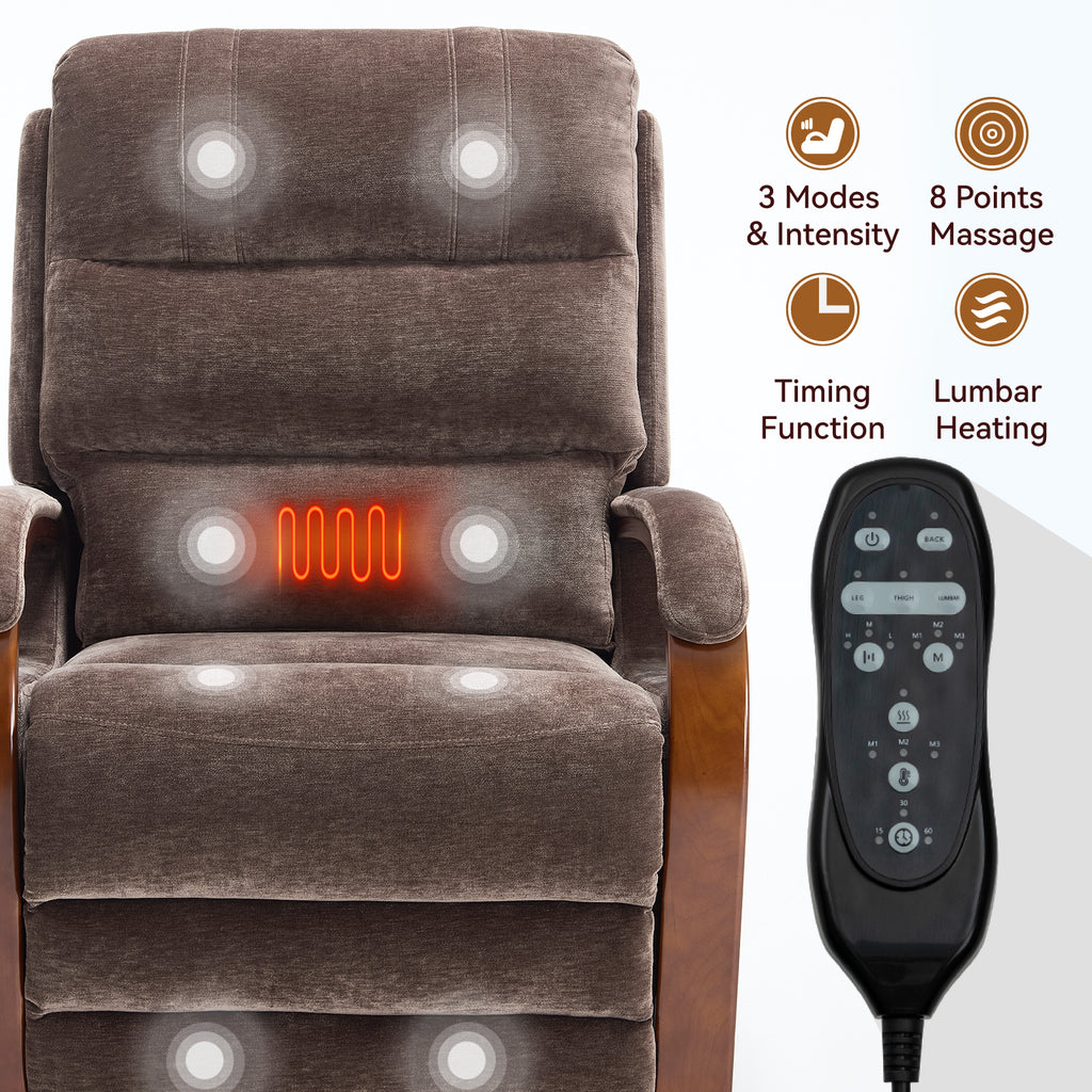 Power Brown Chenille Lift Recliner Chair Dual Motor Infinite Position Up to 350 LBS with Solid Wood Armrests, Heat Massage and Heavy Duty Motion Mechanism - Grand Goldman Shop