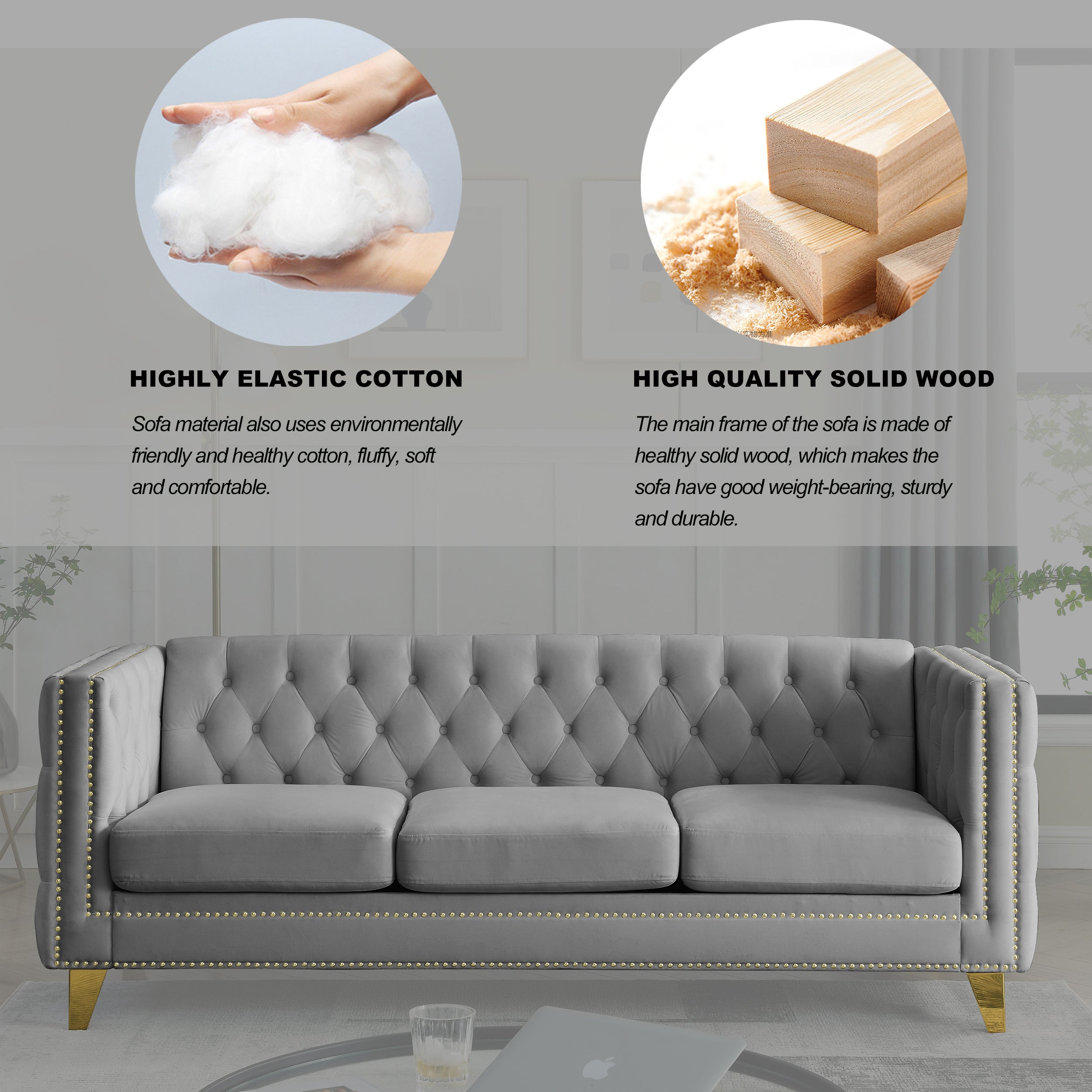 Modern Velvet Sofa with Button Tufting and Metal Legs, Grey Upholstered Couch for Living Room or Bedroom, 3-Seater, Solid Wood Frame, Soft Cotton-Filled Cushions - Grand Goldman Shop