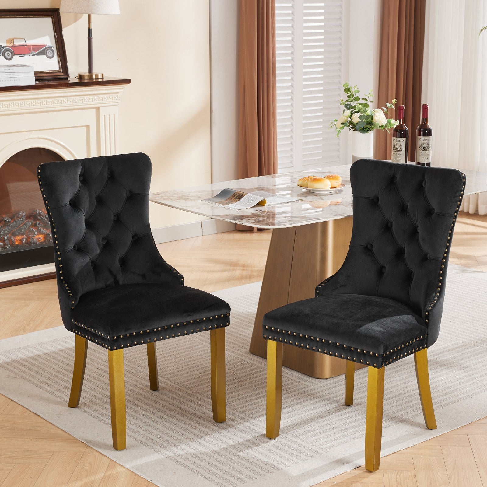 Mid-Century Modern Chairs with Lion Head Pull Ring,High-end Tufted Solid Wood Contemporary Velvet Upholstered Dining Chair with Golden Wooden Legs Nailhead Trim 2-Pcs Set,Black,SW1201BK - Grand Goldman Shop