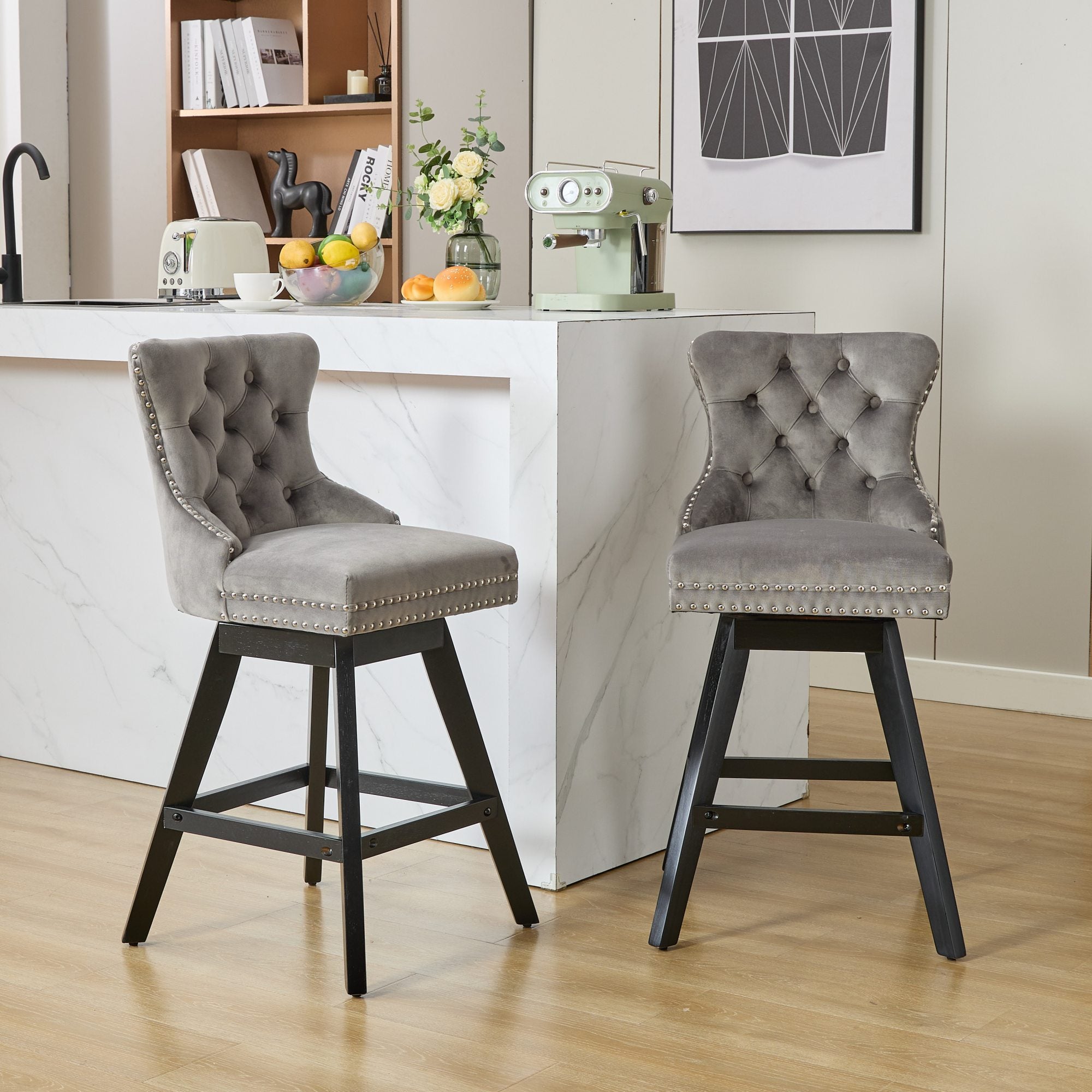 Swivel Velvet Barstools with Button Tufted Decoration and Wooden Legs, and Chrome Nailhead Trim, Leisure Style Bar Chairs,Bar stools, Set of 2 (Gray),SW1860GY - Grand Goldman Shop
