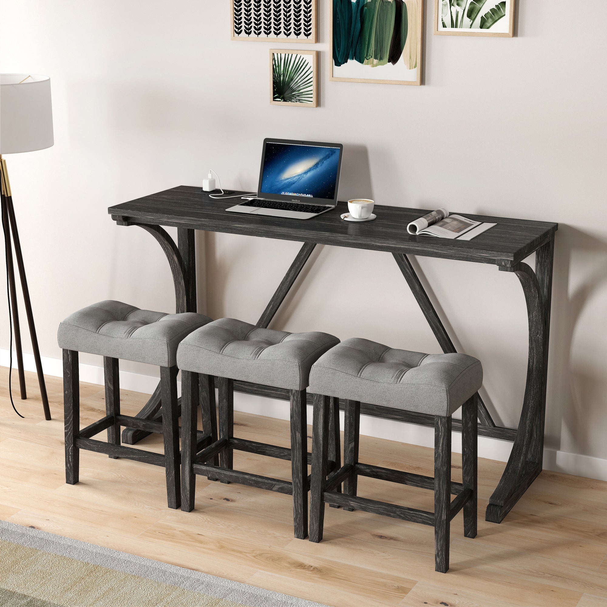 Bar Table Set with Power Outlet, Bar Table and Chairs Set, 4 Piece Dining Table Set, Industrial Breakfast Table Set, for Living Room, Dining Room, Game Room - Grand Goldman Shop