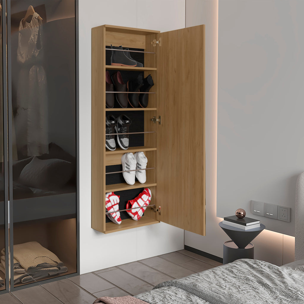 Leto Wall Mounted Shoe Rack With Mirror, Single Door, Capacity For Ten Shoes Natural Oak - Grand Goldman Shop