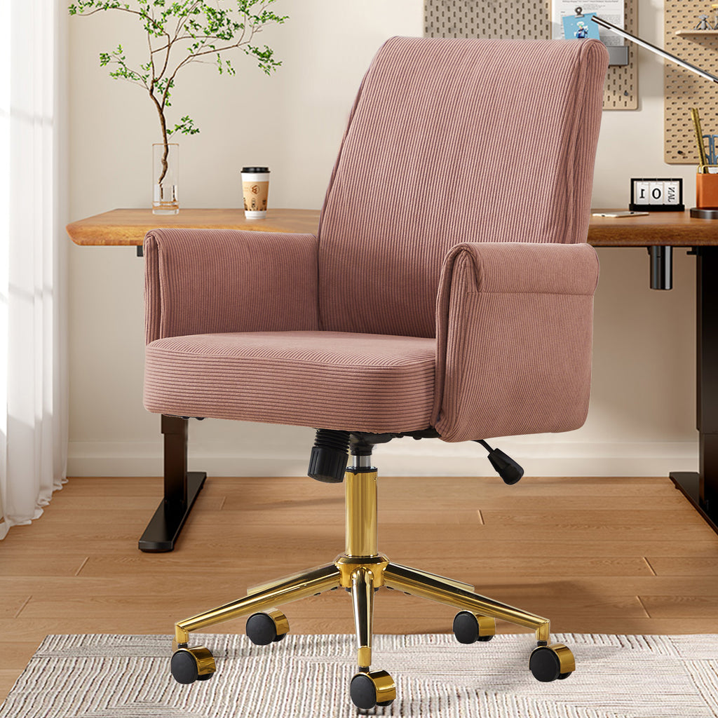 Ergonomic Mid-Back Office Chair with Striped Fabric, Light Pink Corduroy, Gold Base, 25.20L x 24.02W x 39.00H inches | Premiu