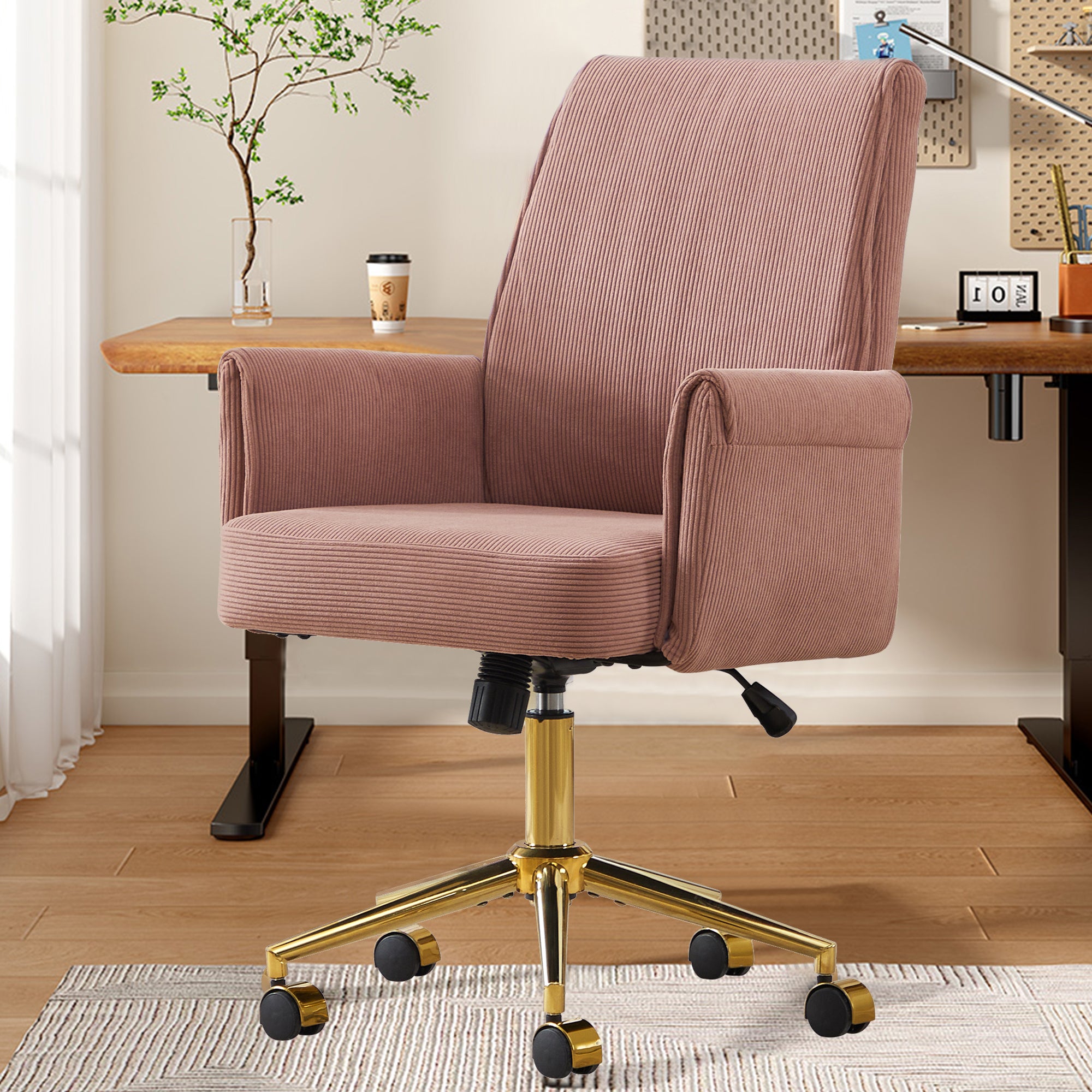 Ergonomic Mid-Back Office Chair with Striped Fabric, Light Pink Corduroy, Gold Base, 25.20L x 24.02W x 39.00H inches | Premiu