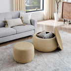 Woven Rattan Fabric Round Storage Ottoman with 2-in-1 Function as End Table and Ottoman, Dark Yellow, 25'x25'x14.7' - Grand Goldman Shop