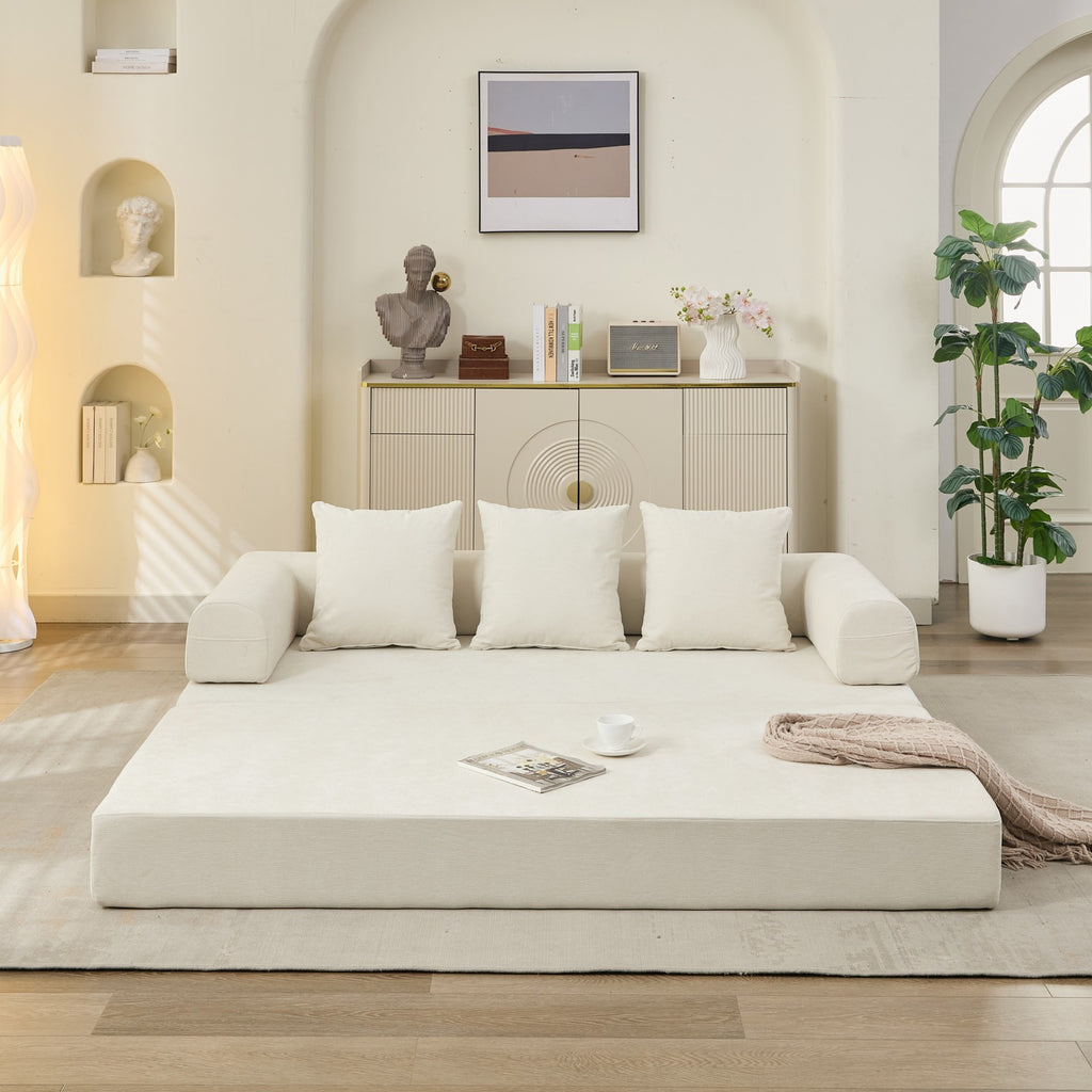 Comfy Convertible Folding Mattress Couch, Floor Sofa Bed, Chenille Floor Sofa with Armrest, Floor Sofa Lounge Couch for Living Room Bedroom Lounge Studio-Beige - Grand Goldman Shop