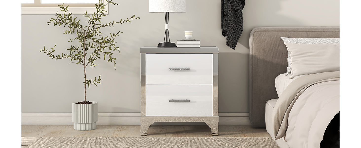 Elegant High Gloss Nightstand with Metal Handle,Mirrored Bedside Table with 2 Drawers for Bedroom,Living Room,White - Grand Goldman Shop