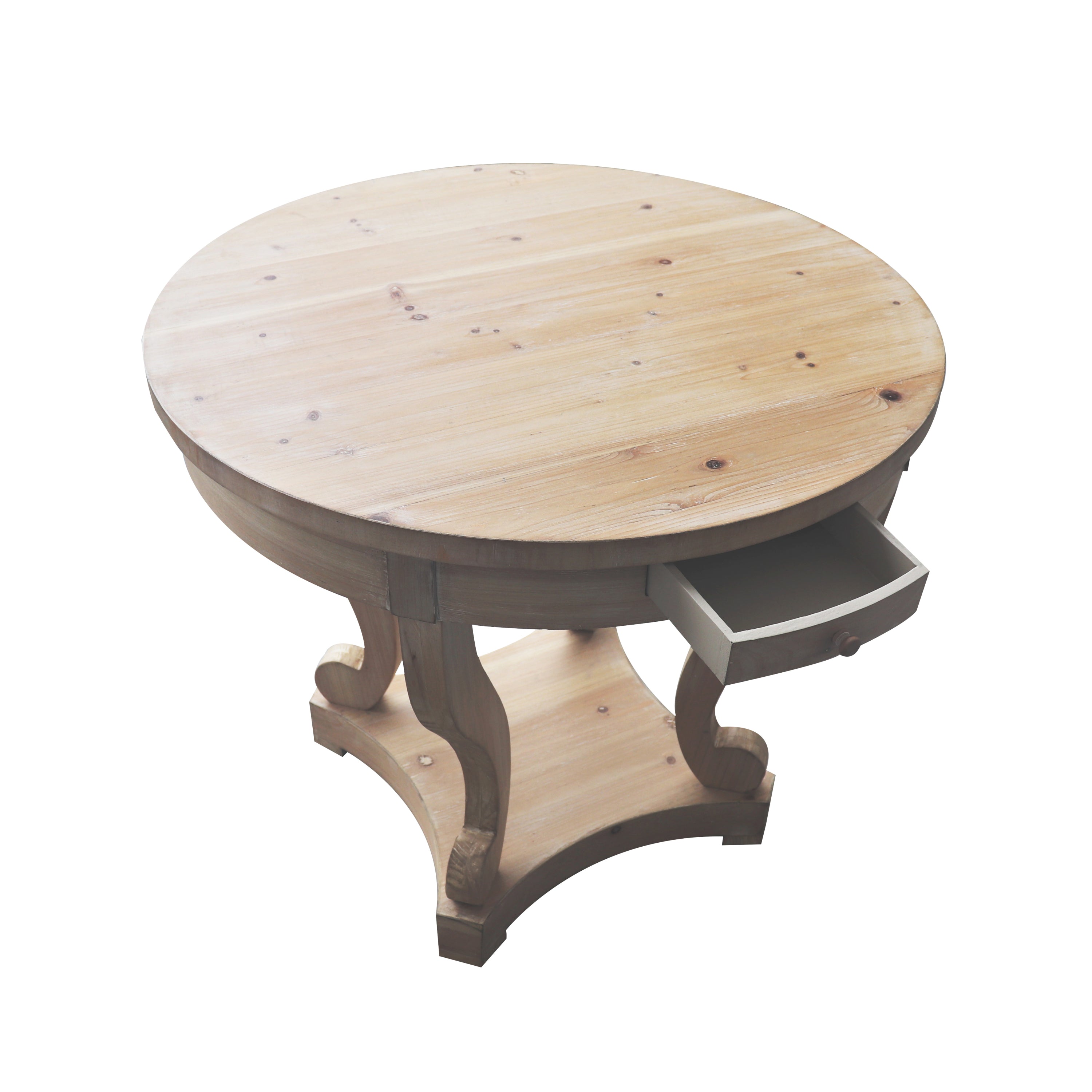 Farmhouse Style Round Dining Table with Curved Legs in Natural Wood Grain, Small Size, Distressed Finish - Grand Goldman Shop
