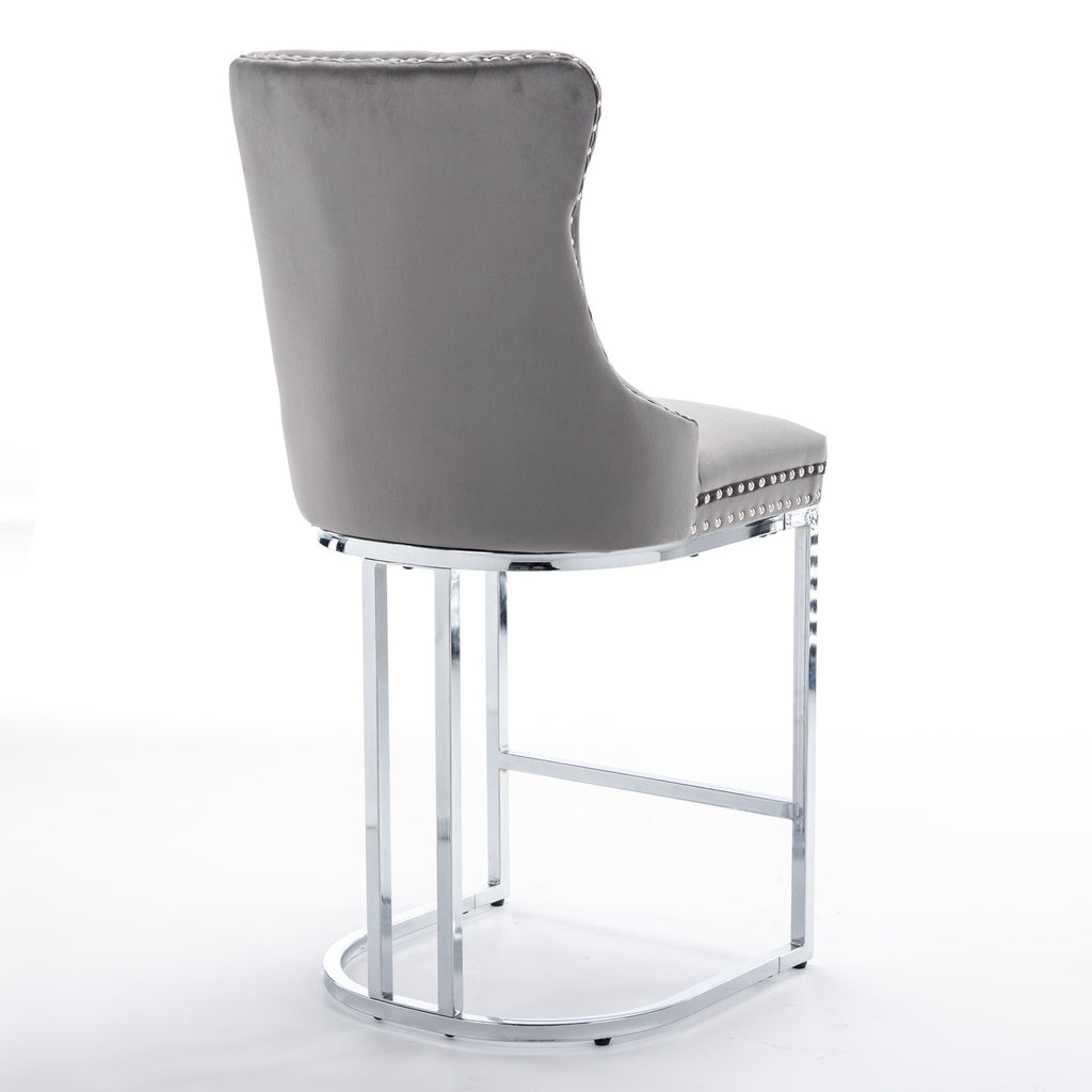 26' Counter Height Bar Stools Set of 2, Modern Velvet Barstools with Button Back&Rivet Trim Upholstered Kitchen Island Chairs with Sturdy Chromed Metal Base Legs Farmhouse Bar Stools, (Gray,2 Pack) - Grand Goldman Shop