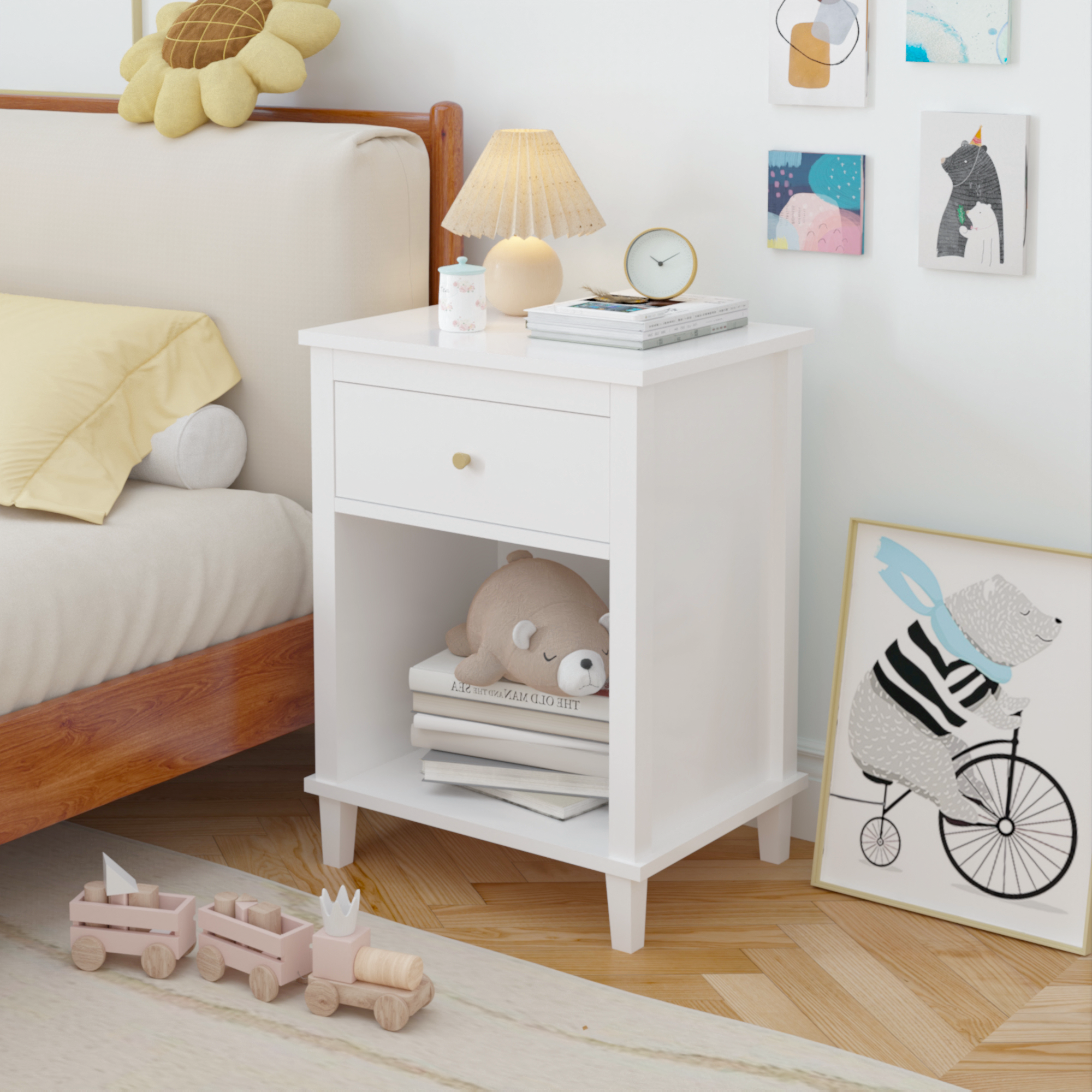26.77''H White Wooden Nightstand with One Drawer and Shelf, Golden Handle, MDF Construction for Kids and Adults - Grand Goldman Shop